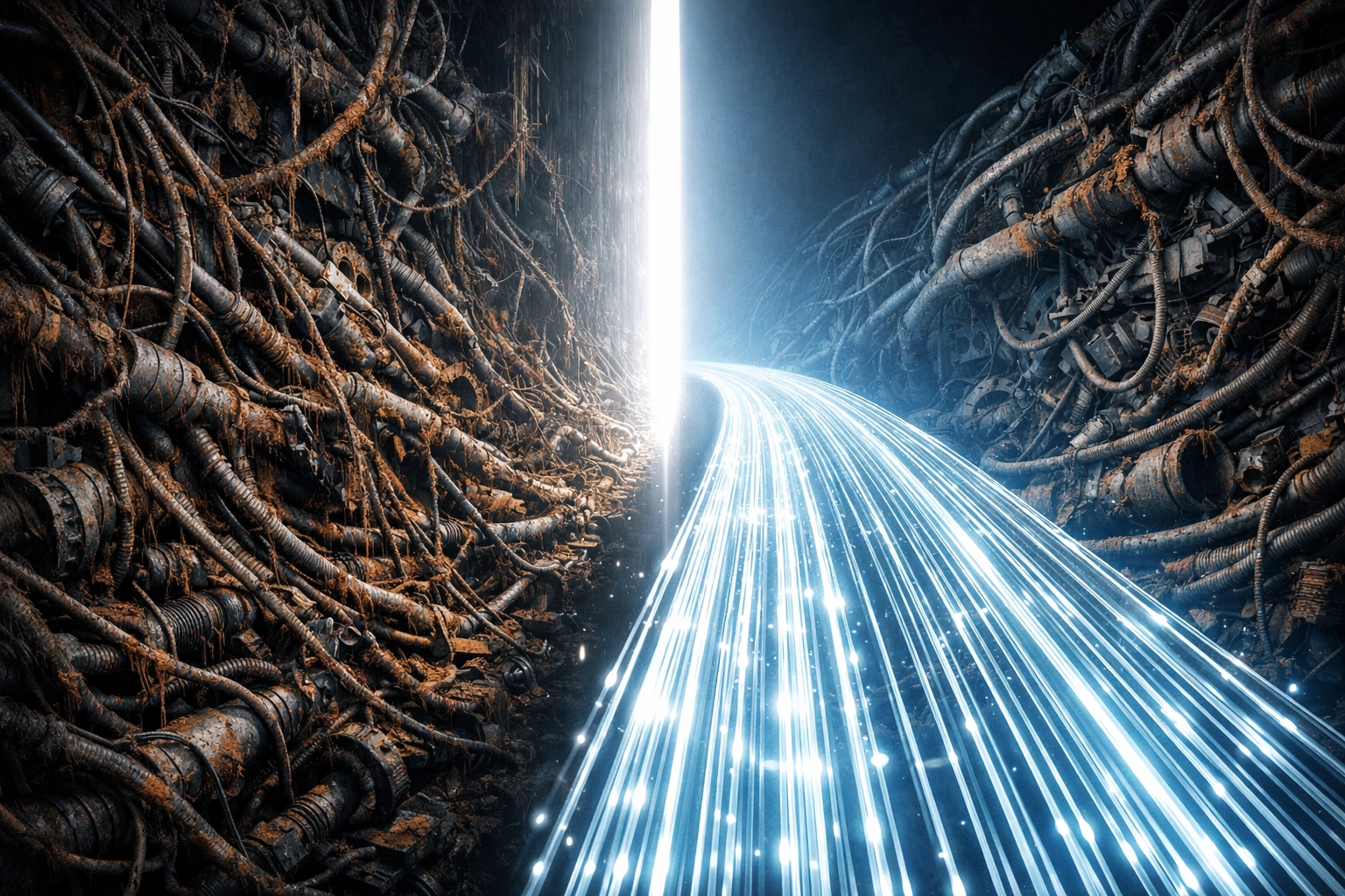 Light beam transforming tangled rusted wires into a clean data bridge to fix handoff rot and operational inefficiencies.