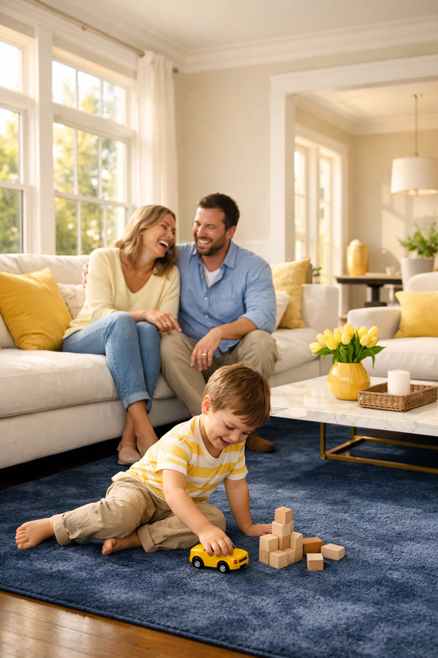 Family enjoying a stress-free living room after a luxury house cleaning MA service in Massachusetts.