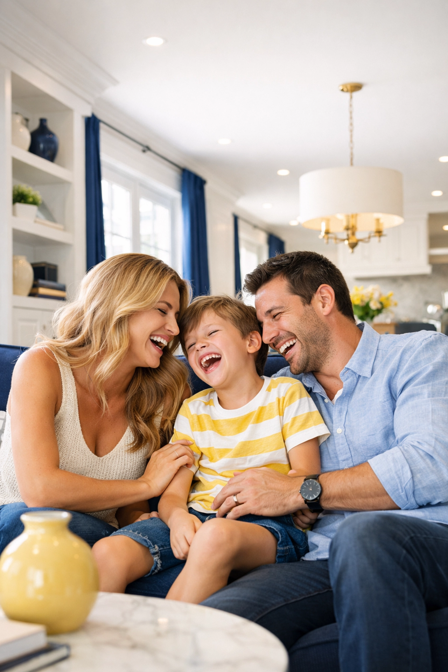 A happy family relaxing in a sunlit Massachusetts home after professional weekly house cleaning.