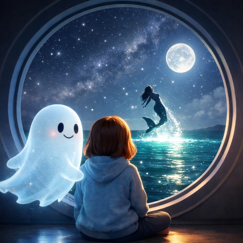 A girl and her ghost companion look out at a magical mermaid in an inclusive, queer-normative fantasy world.