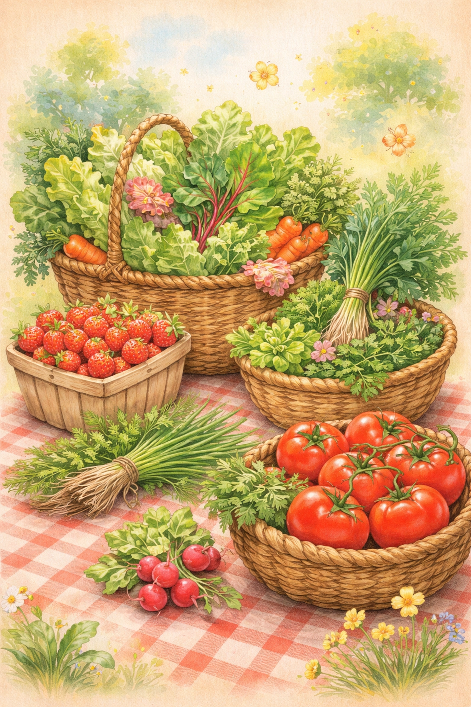 Baskets full of fresh leafy greens, strawberries, tomatoes, and herbs representing the harvest from a successful vertical farm.