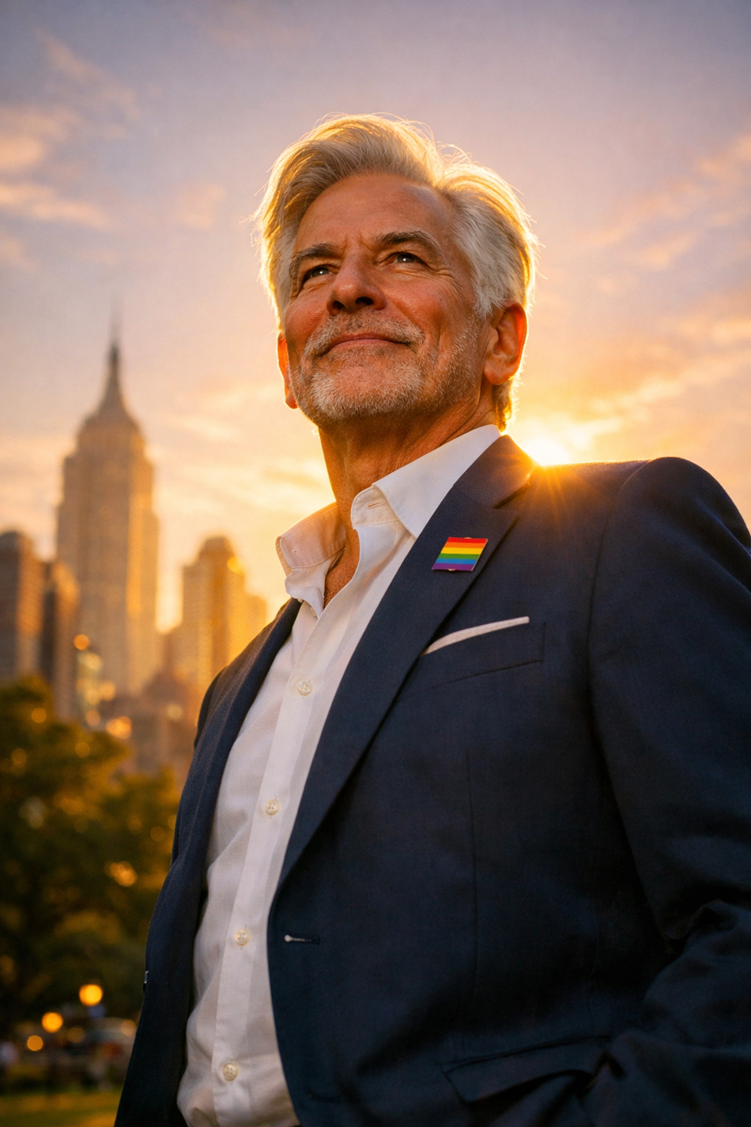 Proud older gay man with a rainbow pin at sunset, representing the resilience and history found in gay fiction.