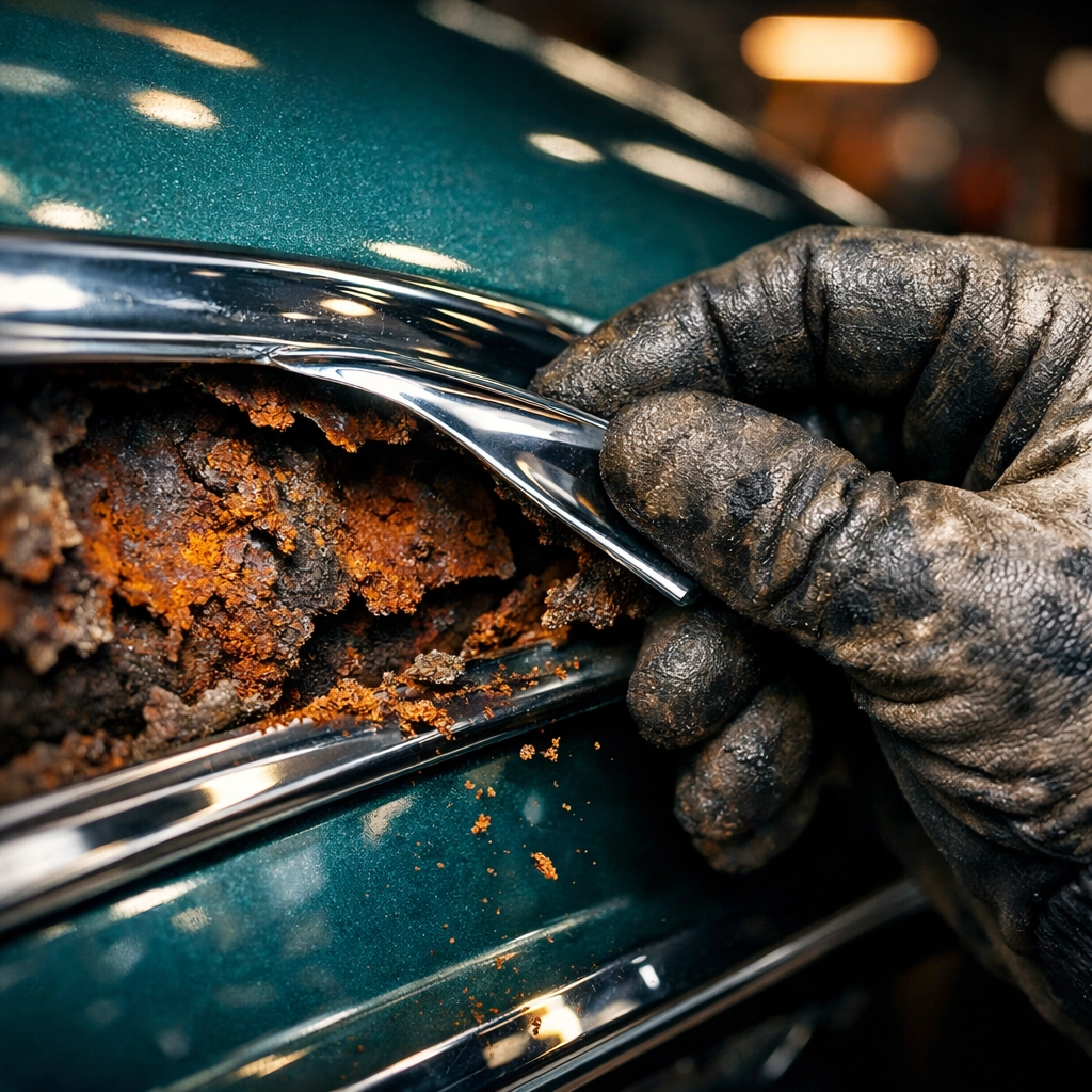 ASE mechanic at Ed's Auto Repair reveals hidden rust under chrome trim on a classic muscle car.