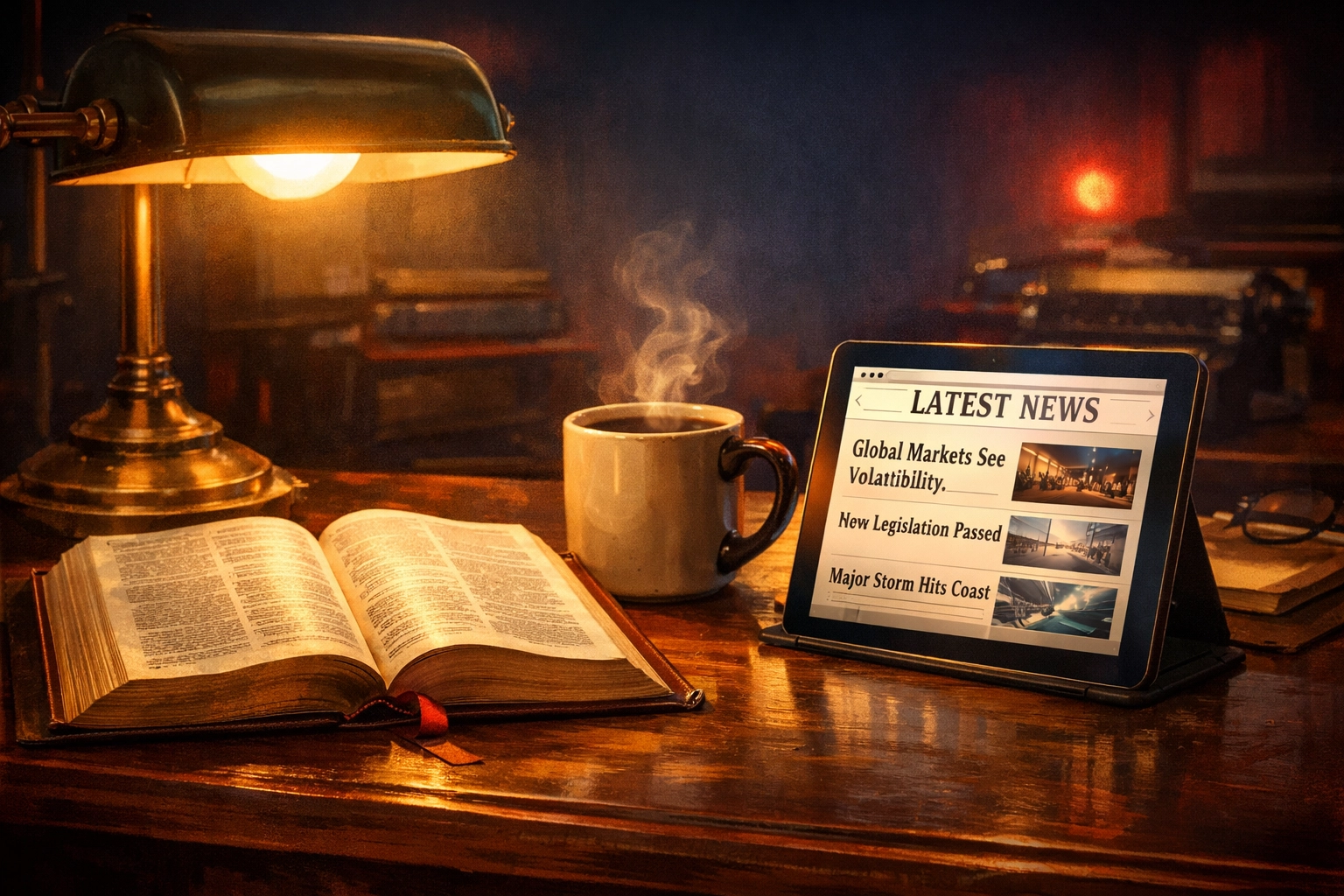 Bible and news tablet on desk symbolizing faith-based journalism and scriptural reflection