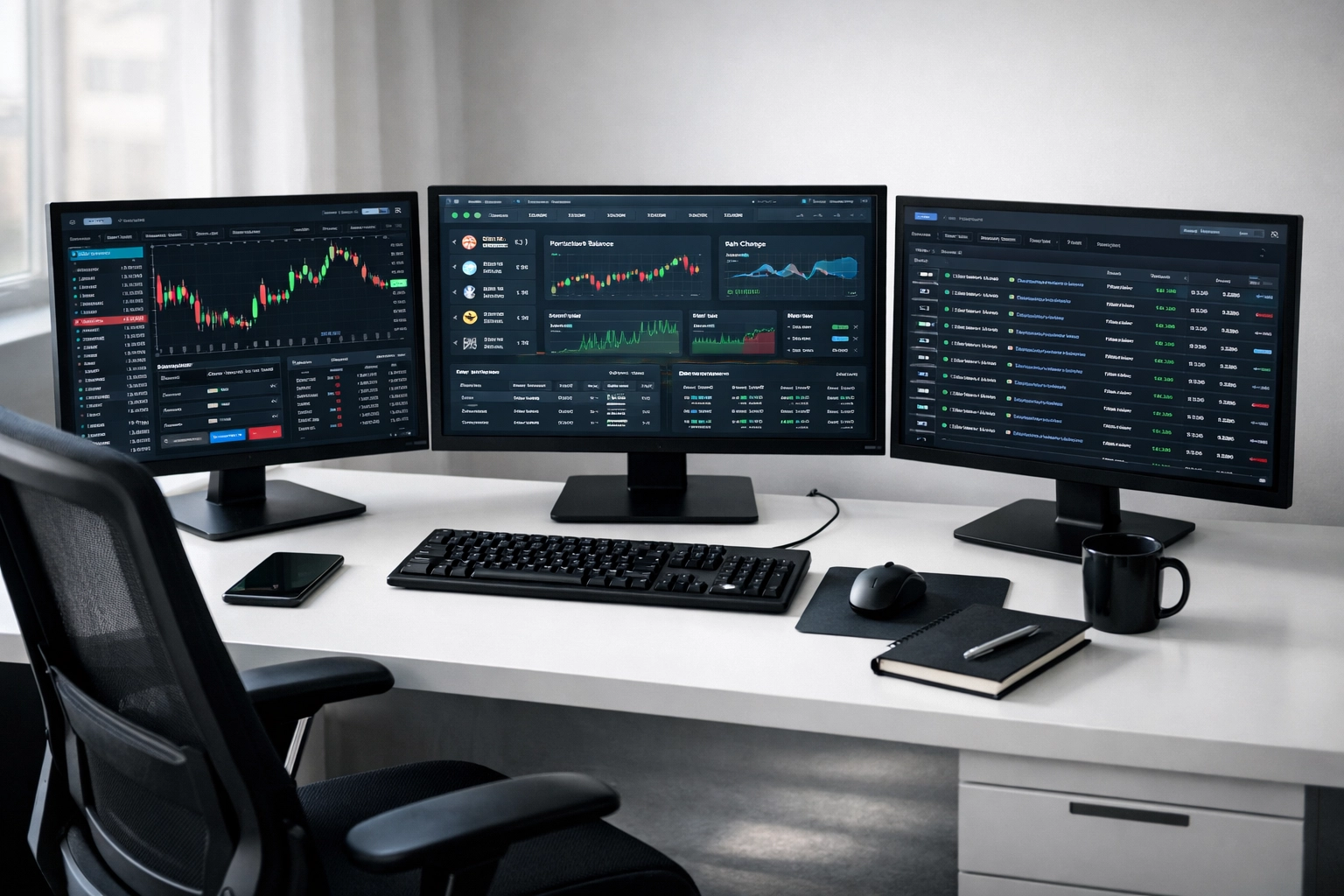Multiple monitors displaying cryptocurrency exchange platforms for tax reporting