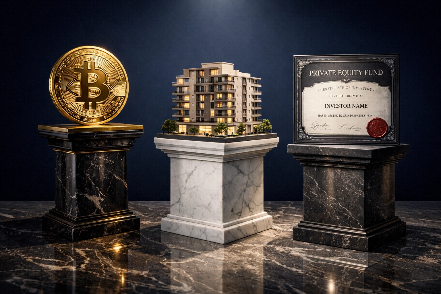 Bitcoin, real estate, and private equity pillars representing diversified investment portfolio strategy