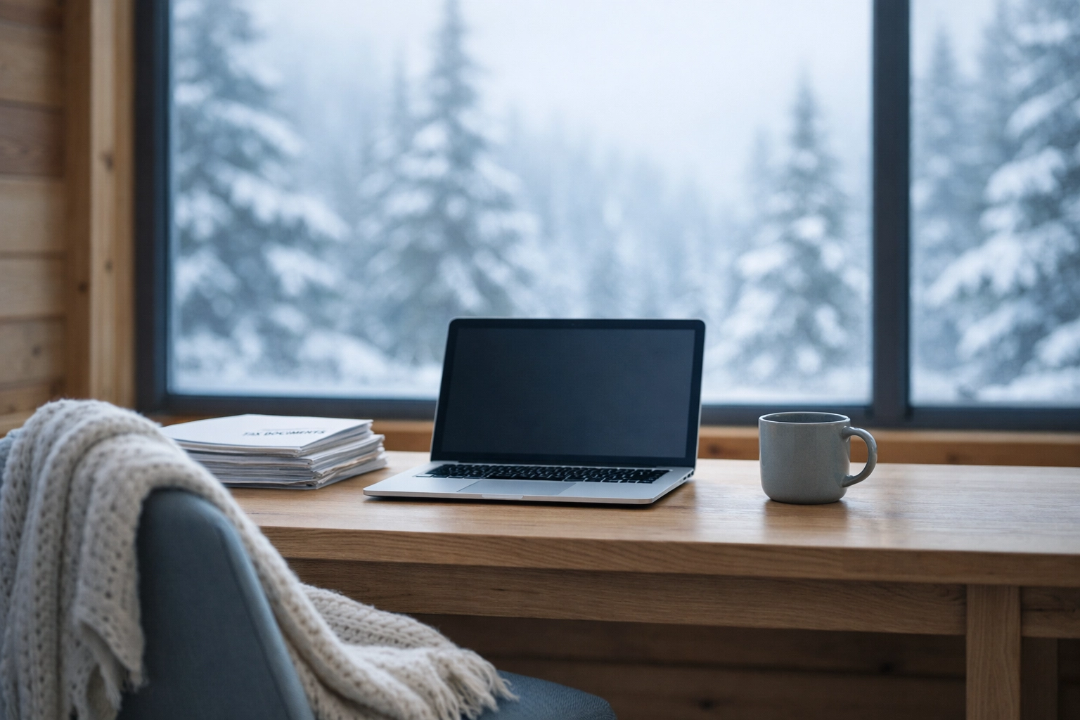 Home office workspace in Alaska cabin with tax documents and snowy view