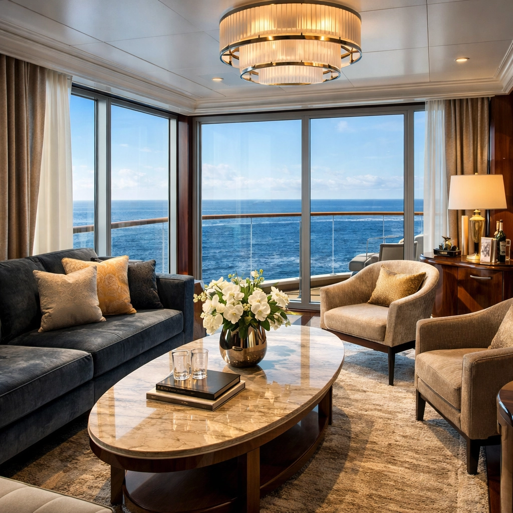 Spacious luxury suite living area on lifestyle cruise ship with ocean view windows