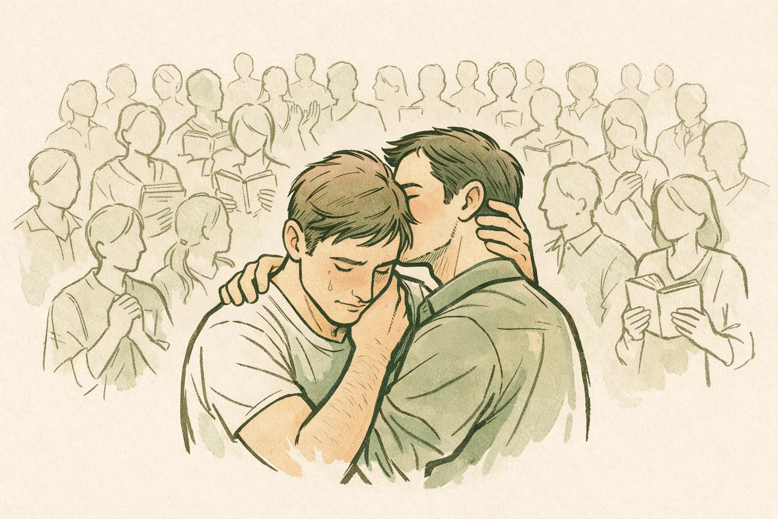 LGBTQ+ couple supported by silent majority of gay fiction readers in background