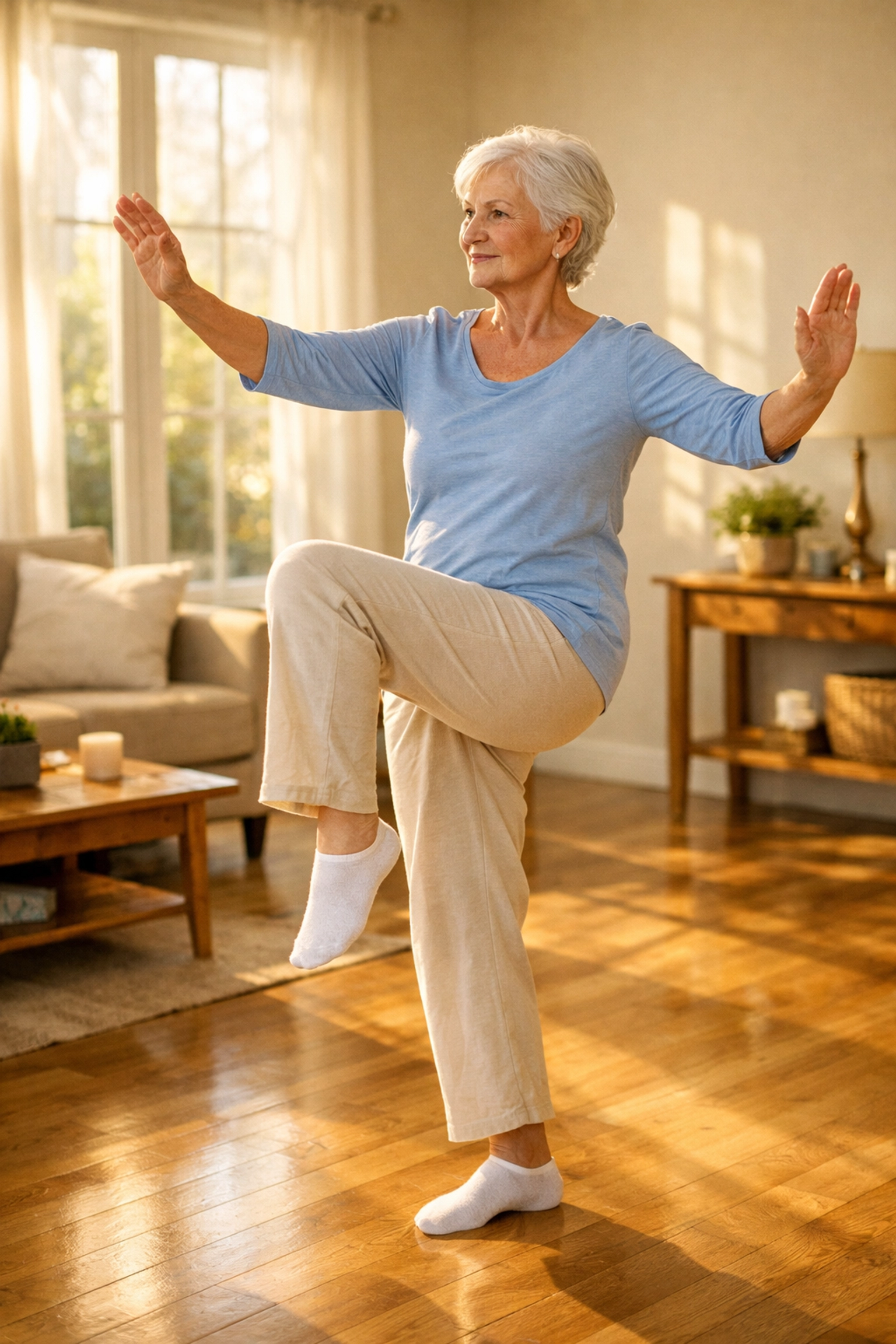 Senior woman practicing tai chi balance exercise at home for fall prevention