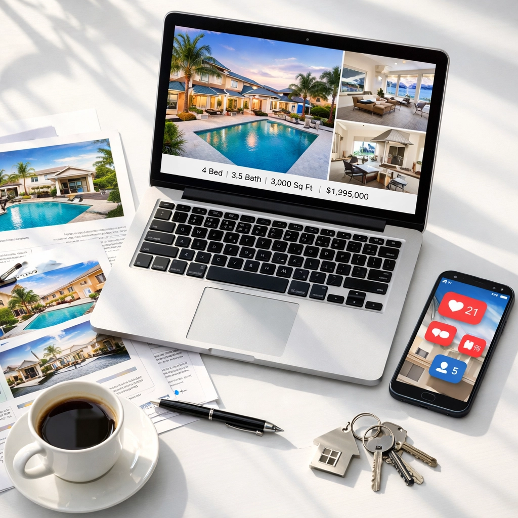 Real estate agent's desk with property listing photos and marketing materials for Florida homes