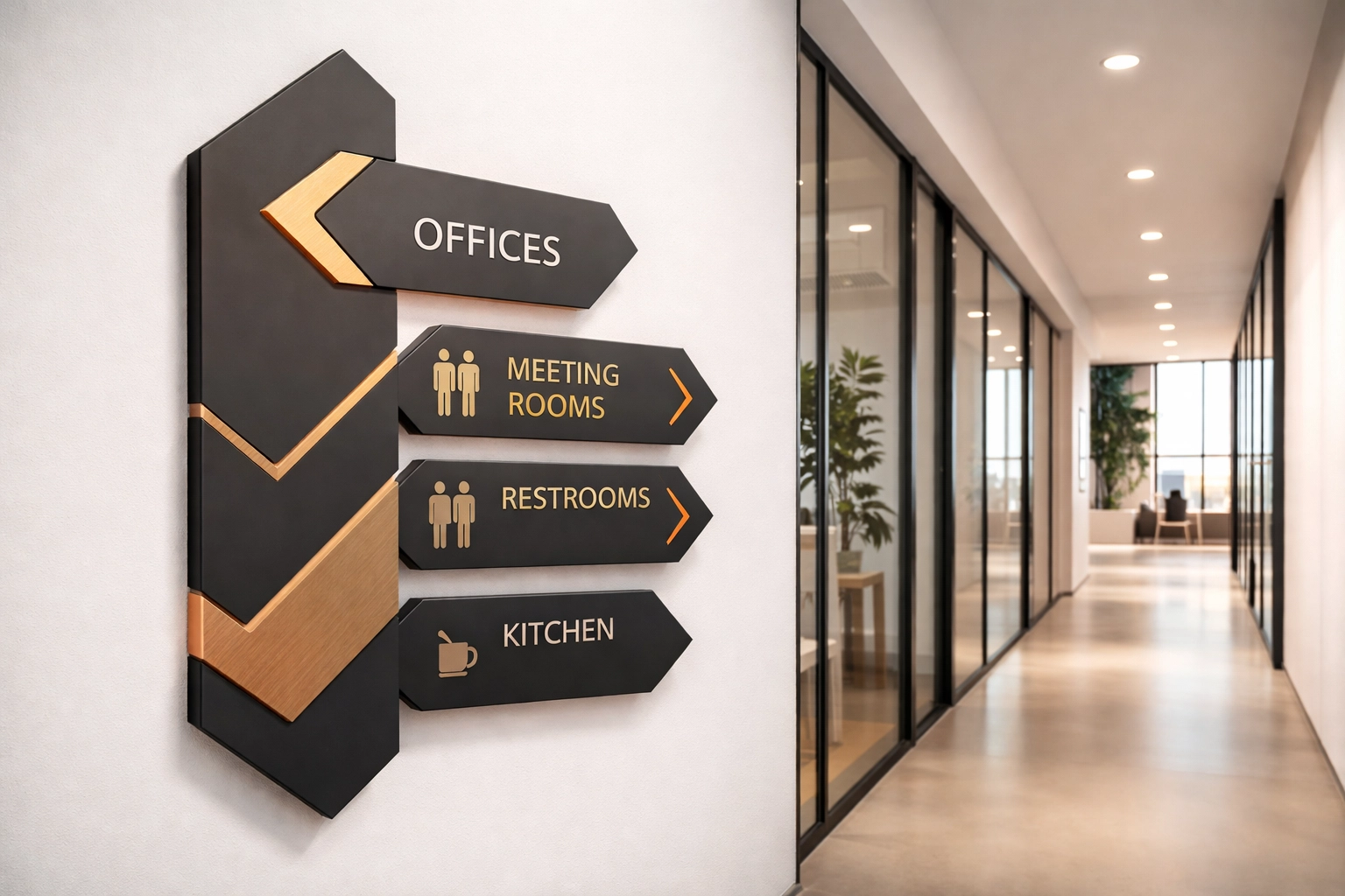 Open office hallway featuring creative wayfinding signage and contemporary design