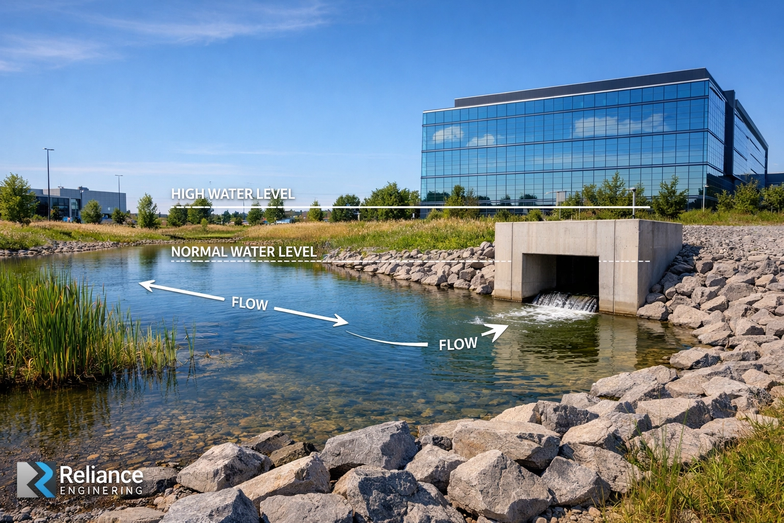 Sustainable stormwater management detention pond with LID features at an Ontario commercial development.