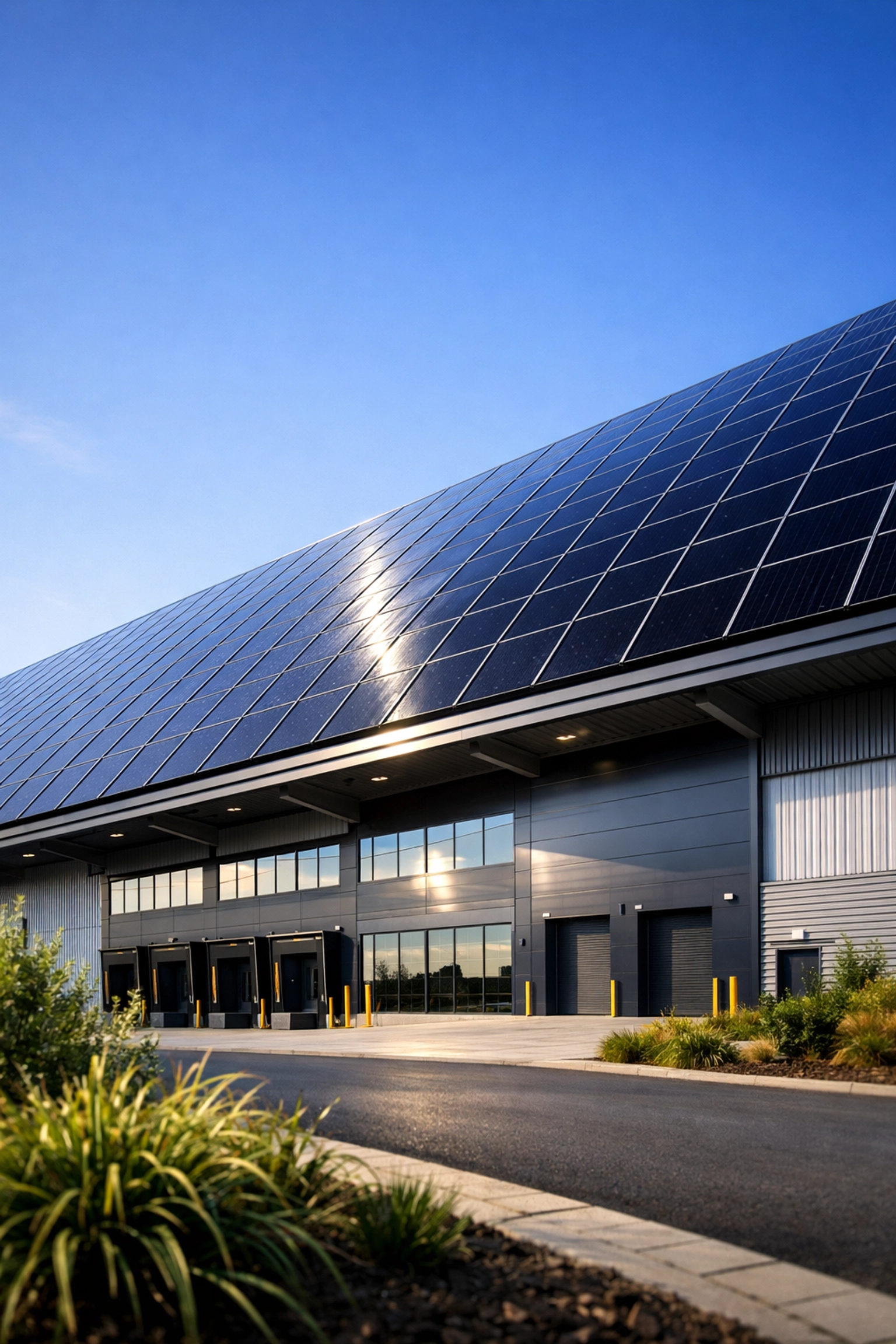 Modern business solar power installation on a commercial warehouse roof in Dorset.