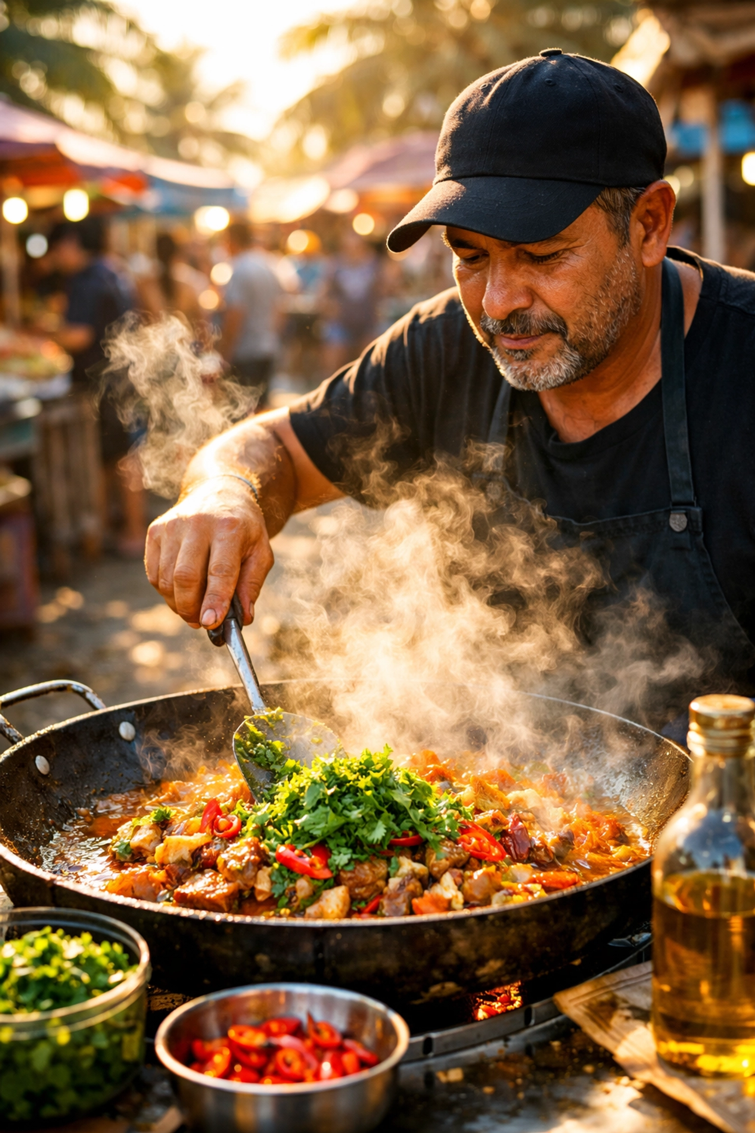 A chef preparing vibrant street food at a tropical market, illustrating travel and food photography tips.
