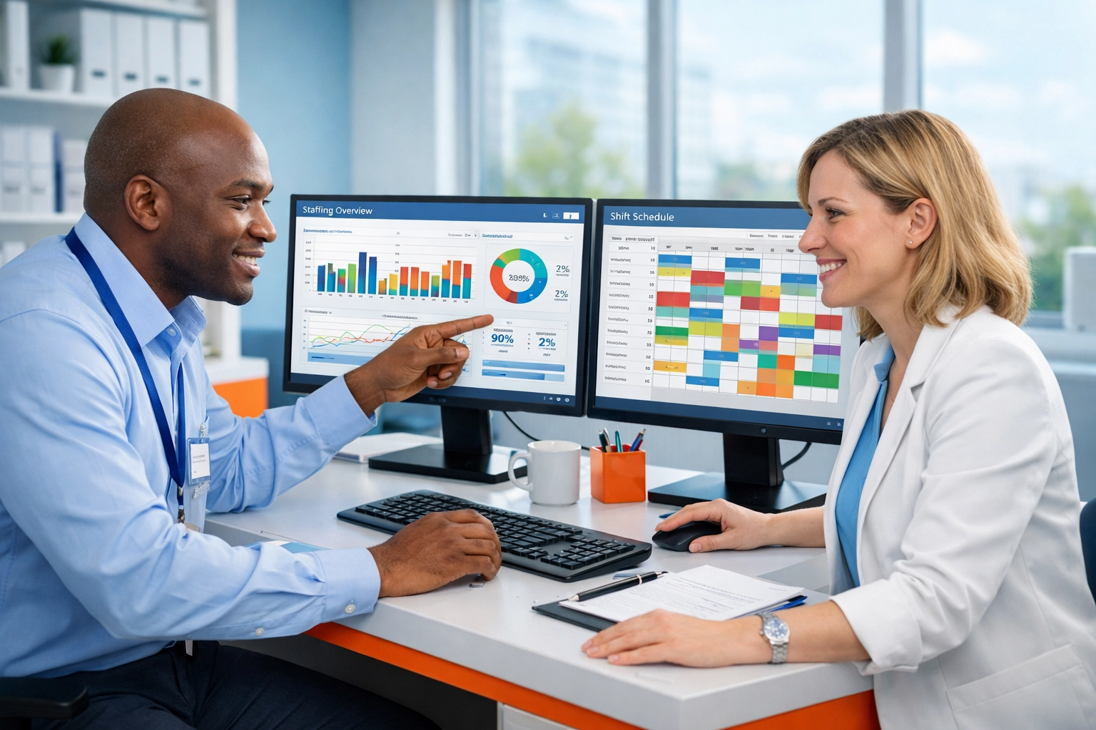 Healthcare administrators using AI staffing analytics dashboard for workforce management