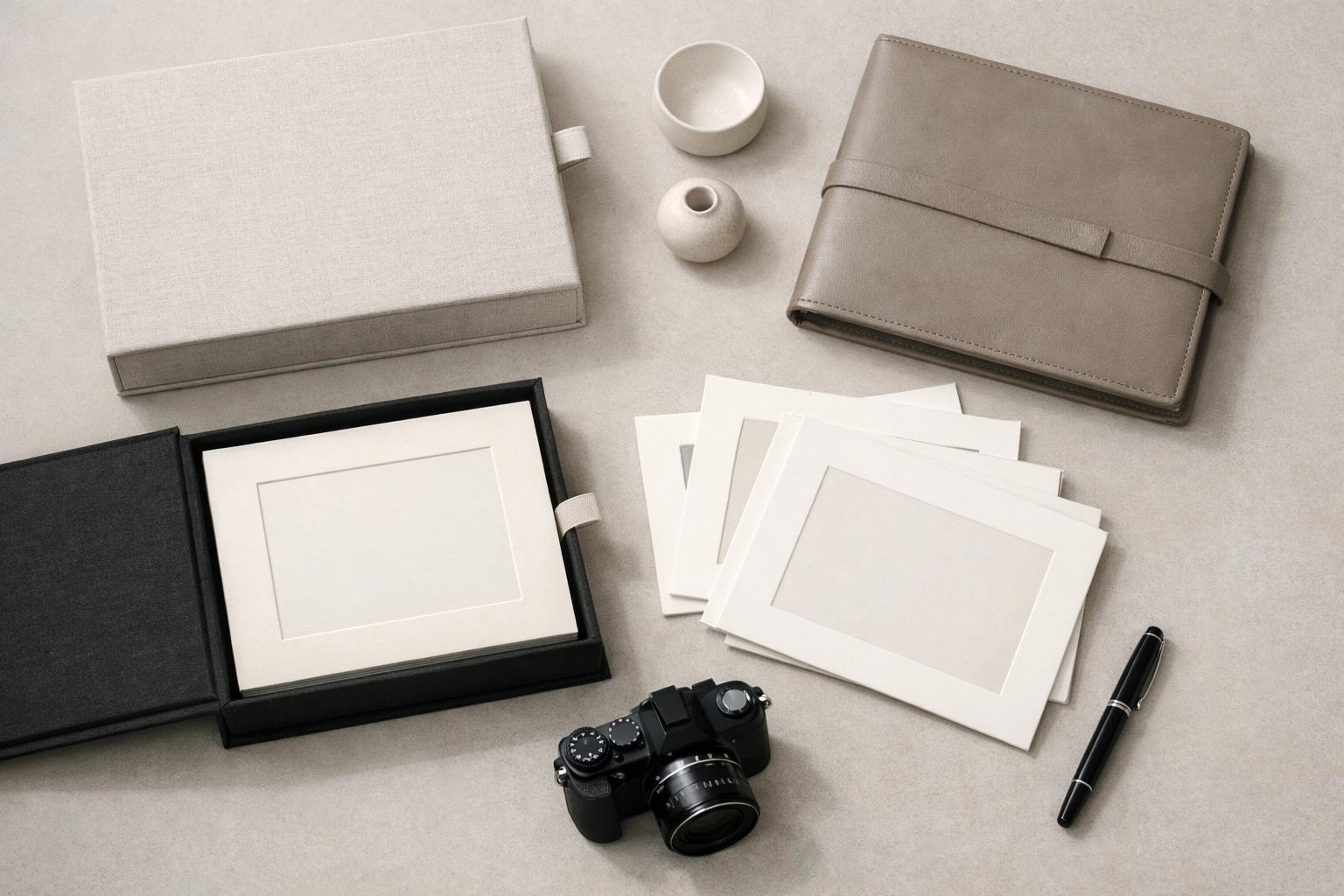 Faceless flat lay of luxury photo products like matted prints, an album box, and a leather folio styled on a neutral tabletop (no visible portrait images).