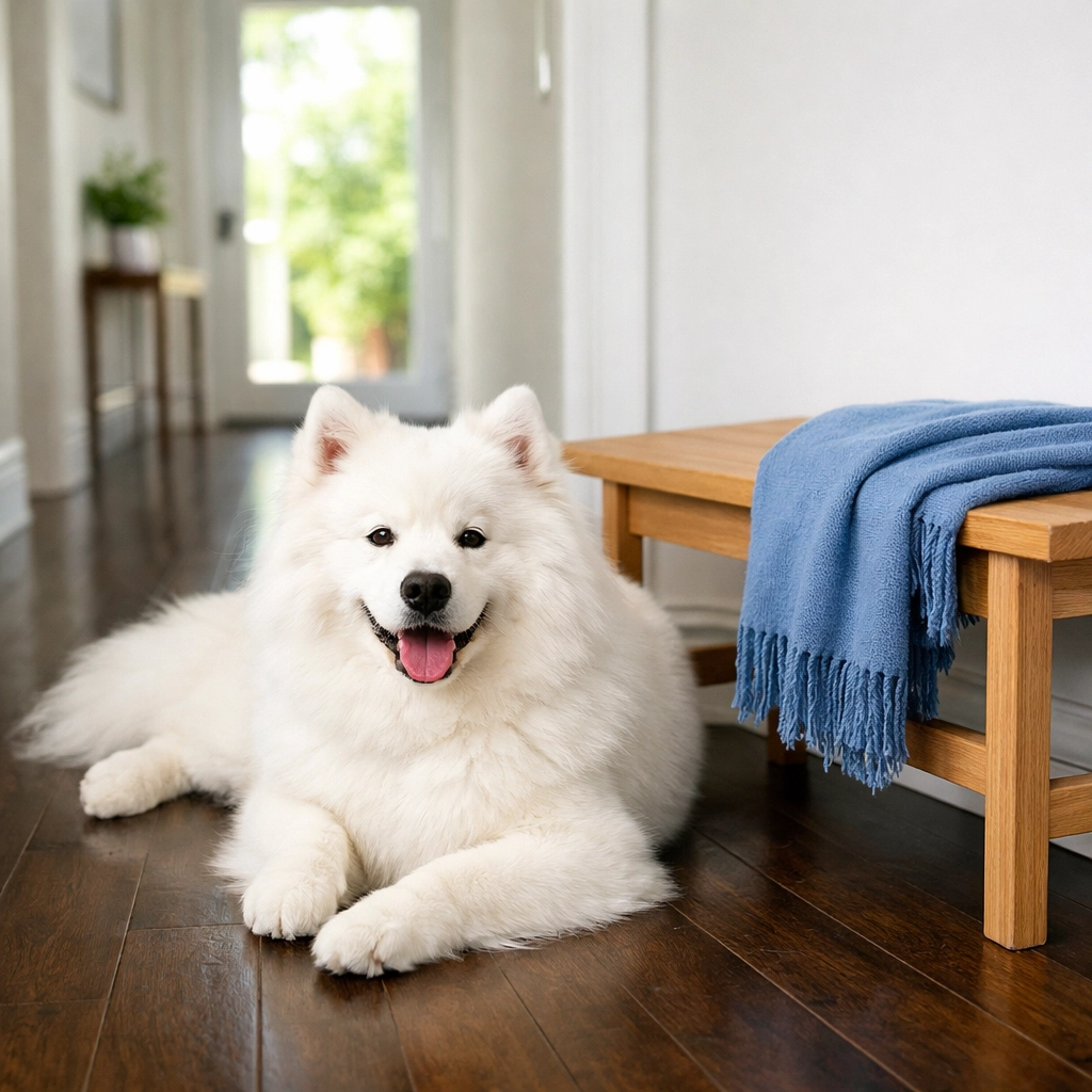 Happy dog on polished wood floors after eco-friendly weekly house cleaning in Franklin.