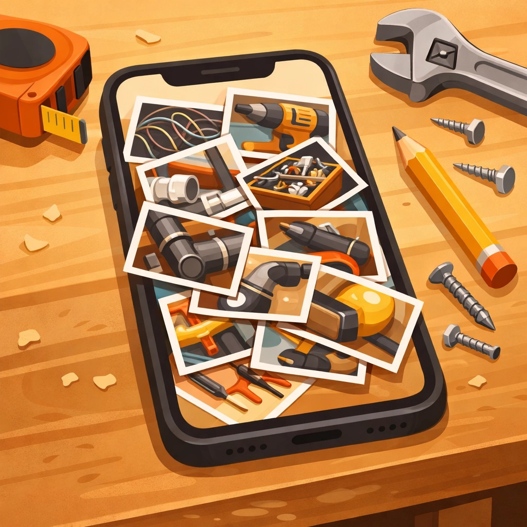 Disorganized construction photos scattered on contractor's smartphone screen