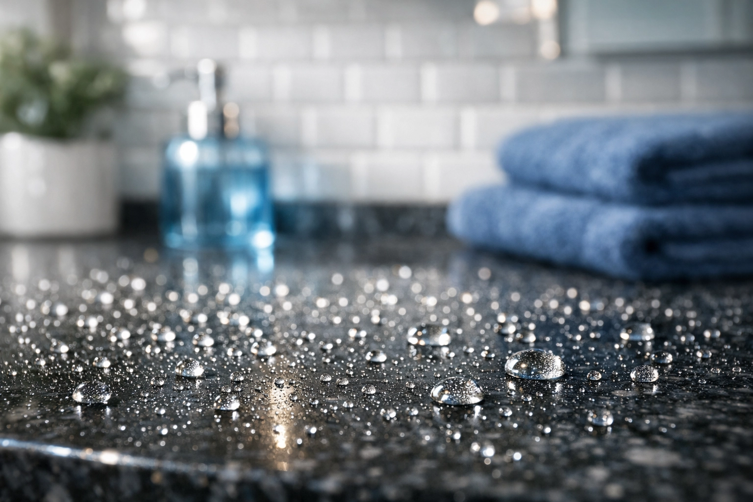 Effective house cleaning in Franklin showing professional sanitizing mist on a polished granite surface.