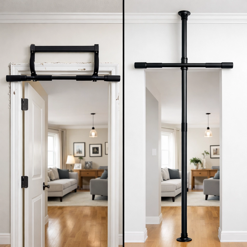 Comparison of damaged doorframe pull-up bar versus clean floor-to-ceiling workout system