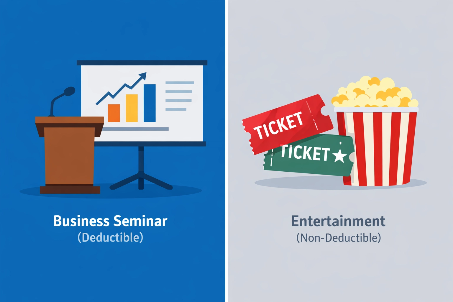 Comparison of deductible business marketing seminars versus non-deductible entertainment and meal expenses.