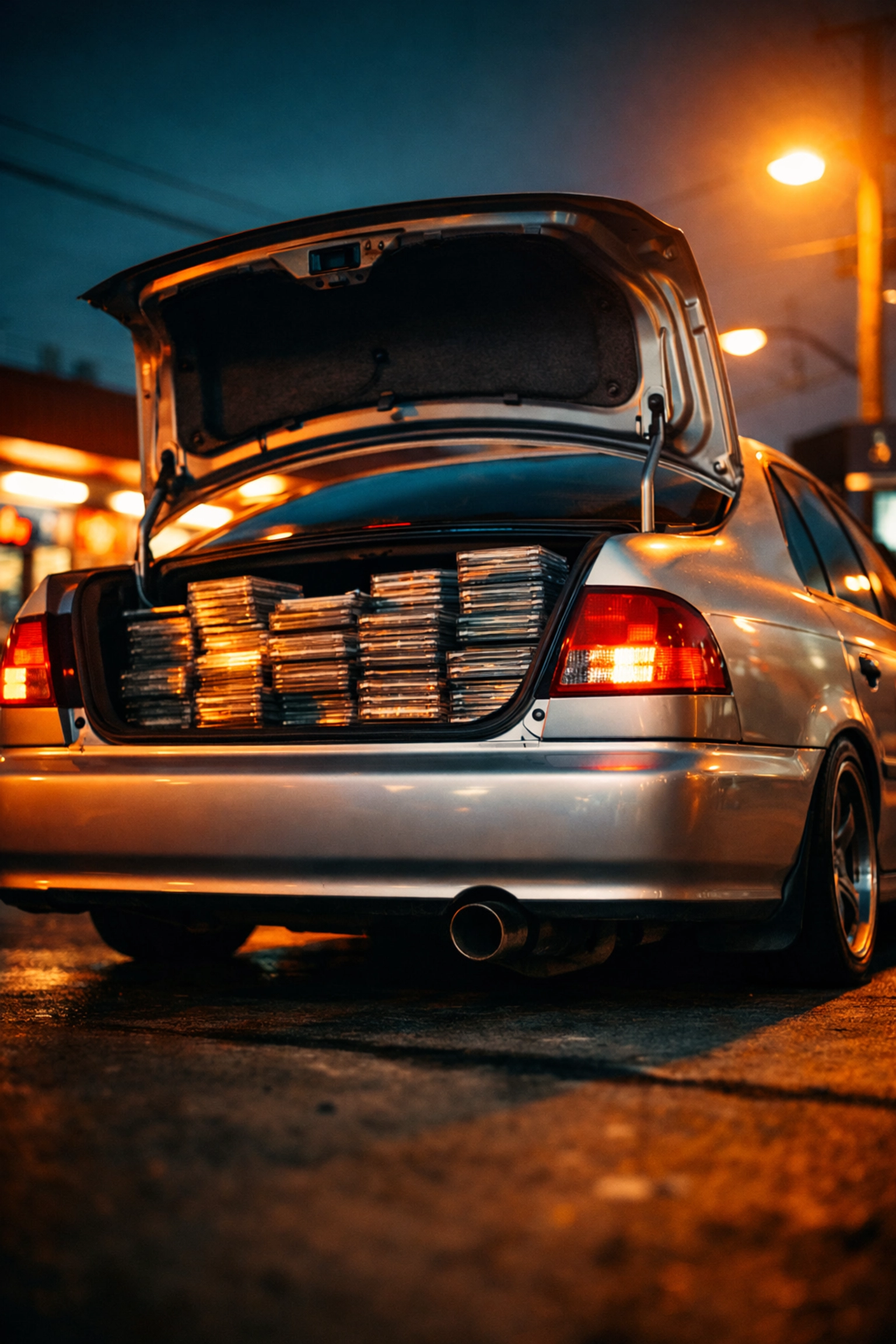 Honda Civic trunk open with physical CDs at gas station for grassroots music marketing