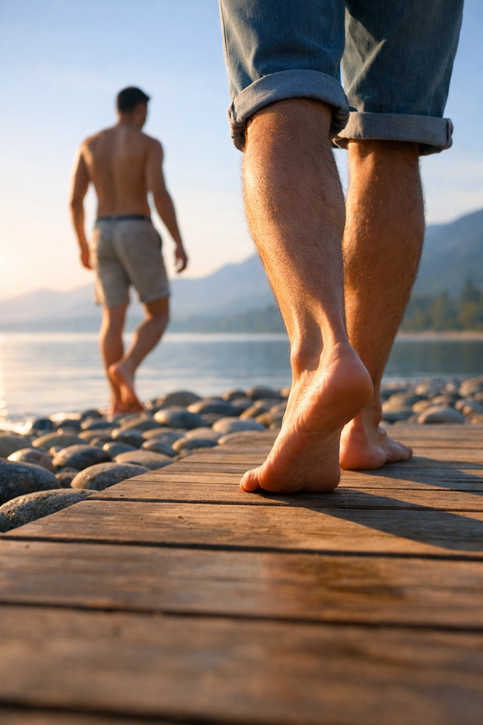 Bare feet on natural path symbolizing freedom in clothes-free living journey