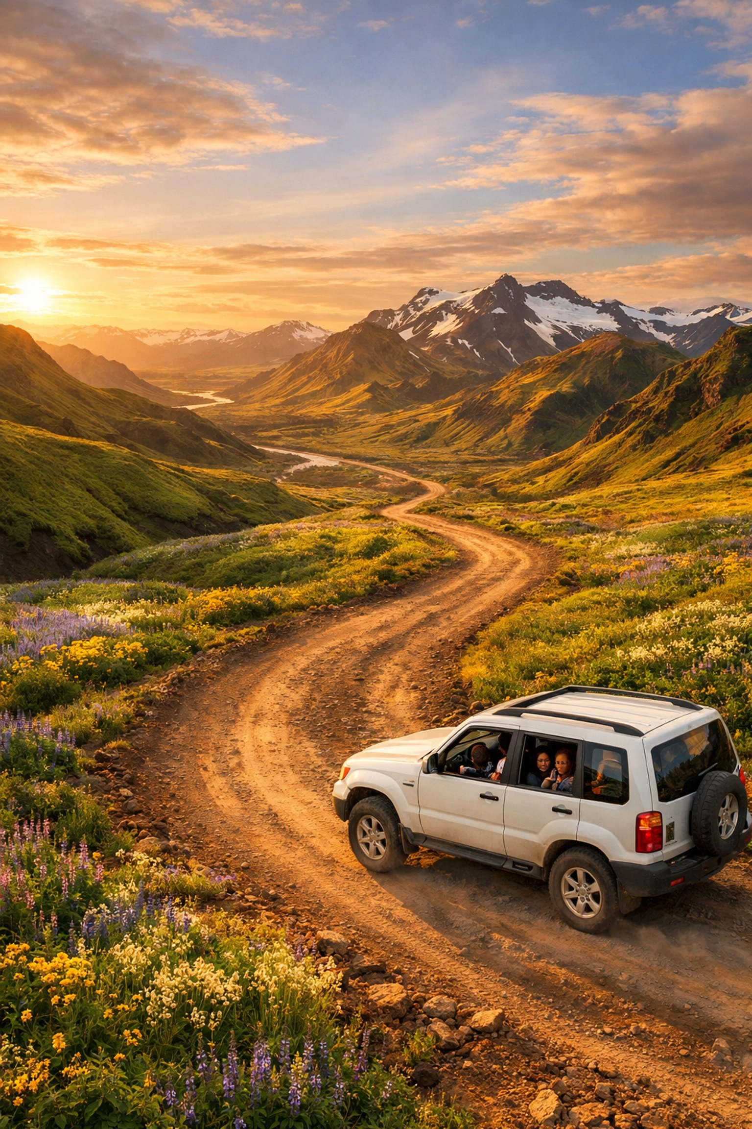 Iceland summer highland F-road with travelers driving through green valleys and wildflowers