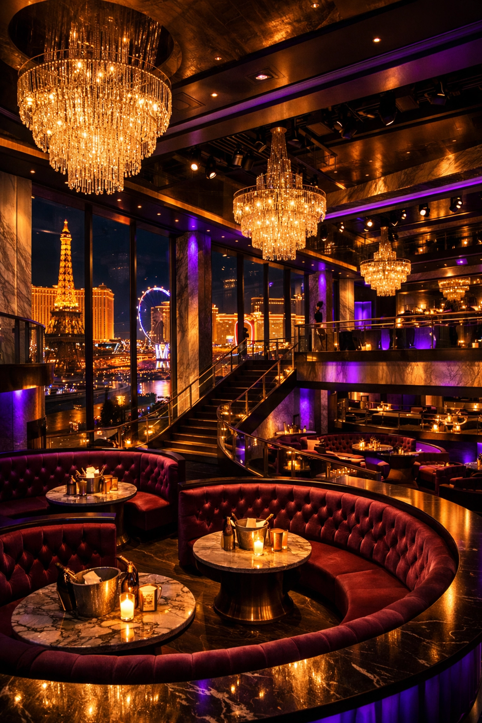 Multi-level Las Vegas nightclub interior with VIP booths and chandeliers