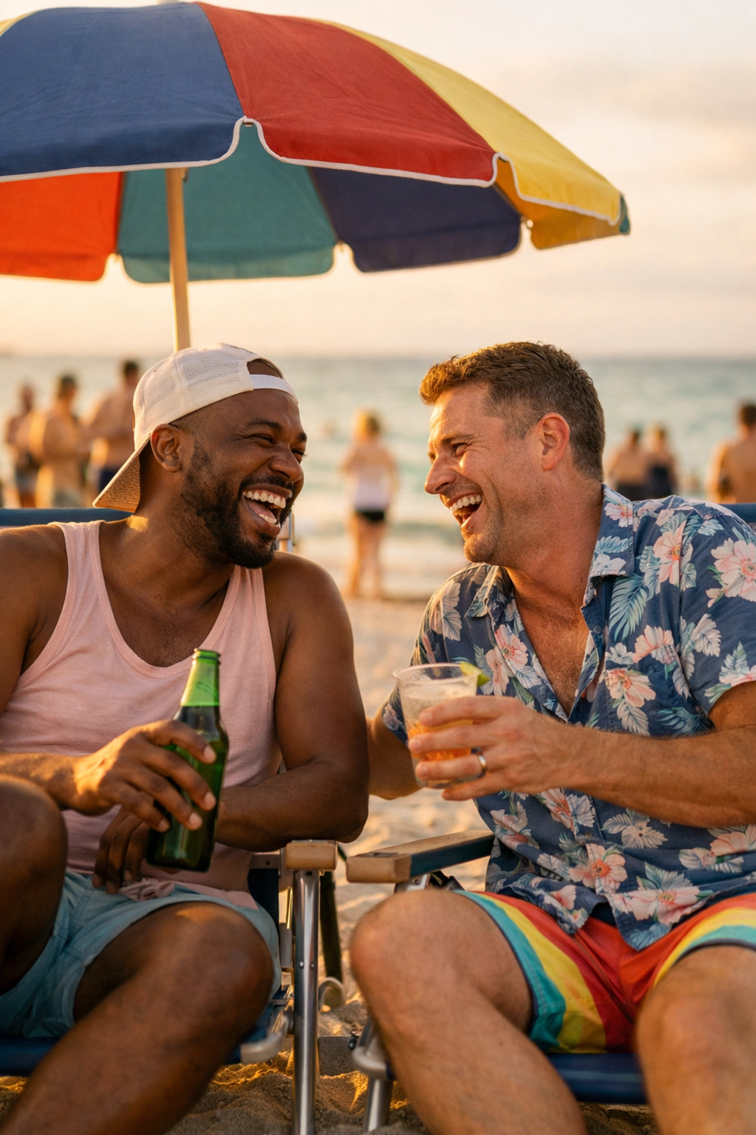 Two men socializing at Haulover Beach Miami's gay section, LGBTQ+ friendly community atmosphere