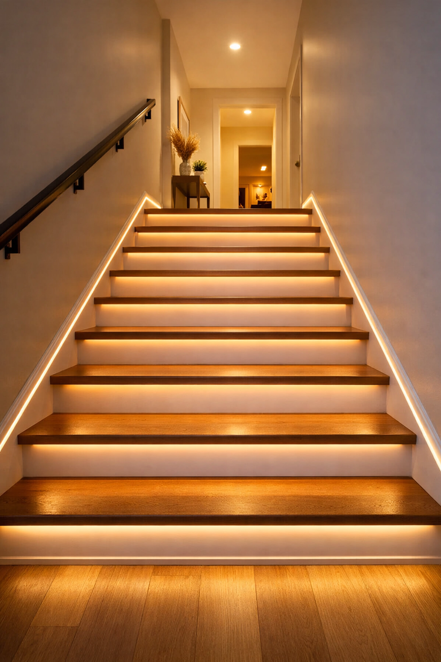 Modern staircase with motion-activated LED strip lighting on steps to prevent falls at night.