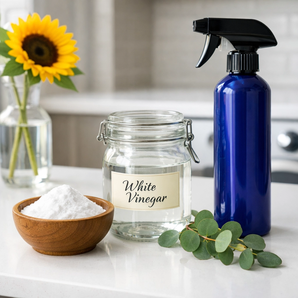 Natural cleaning ingredients like baking soda and vinegar on a white counter in a Natick laundry room.
