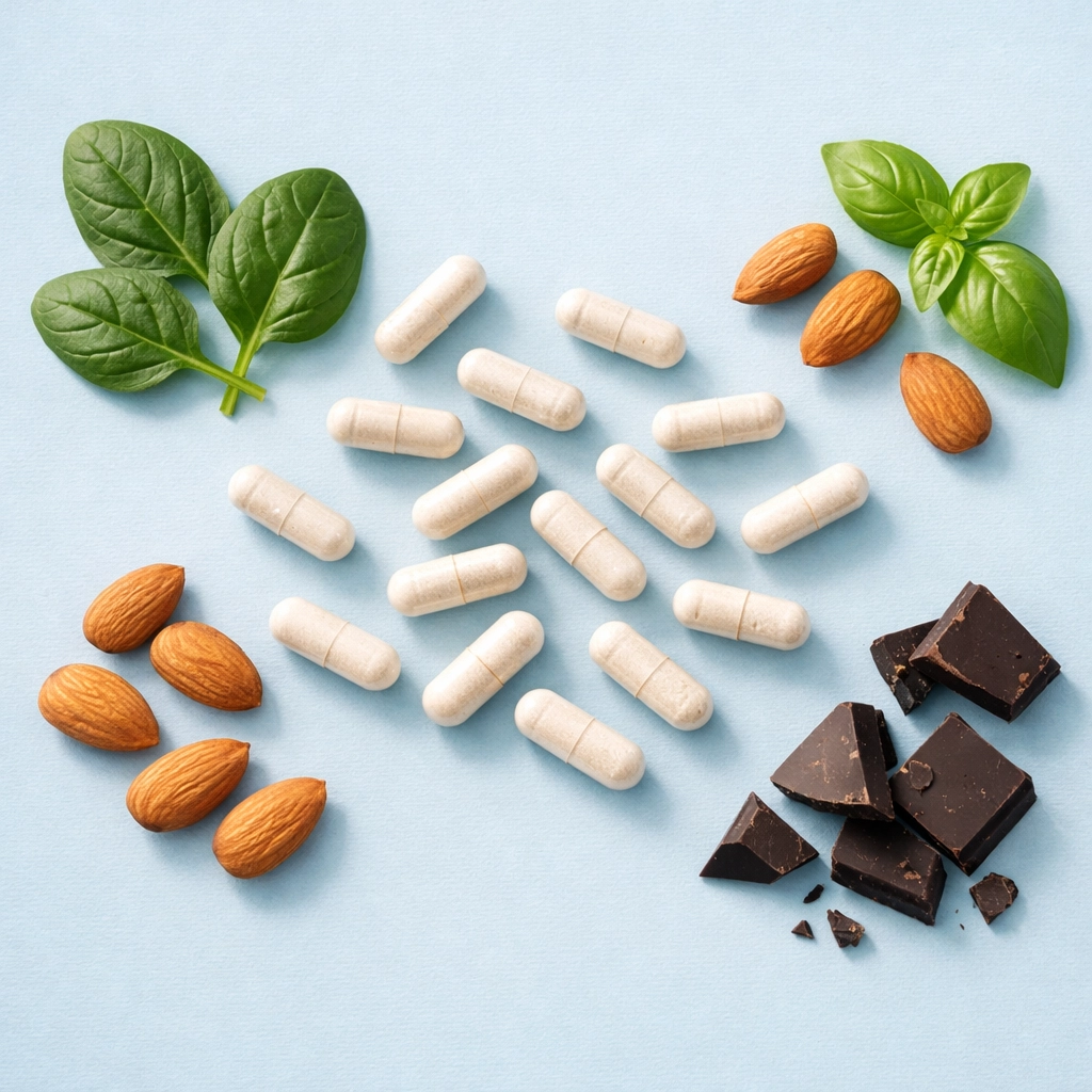 Magnesium supplement capsules with natural food sources including spinach, almonds, and dark chocolate