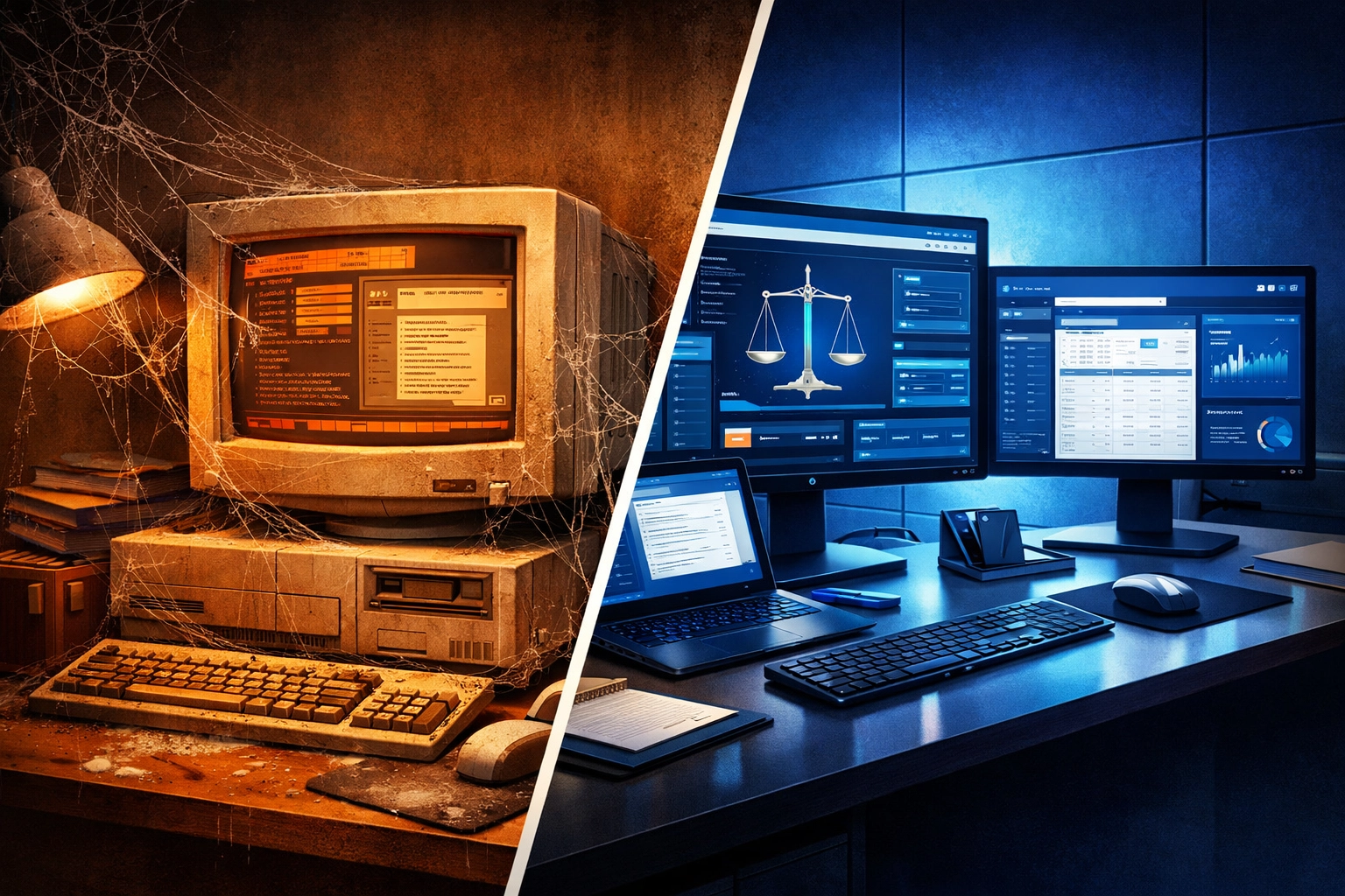Outdated computer system vs modern workstation showing technology upgrade need for law firms