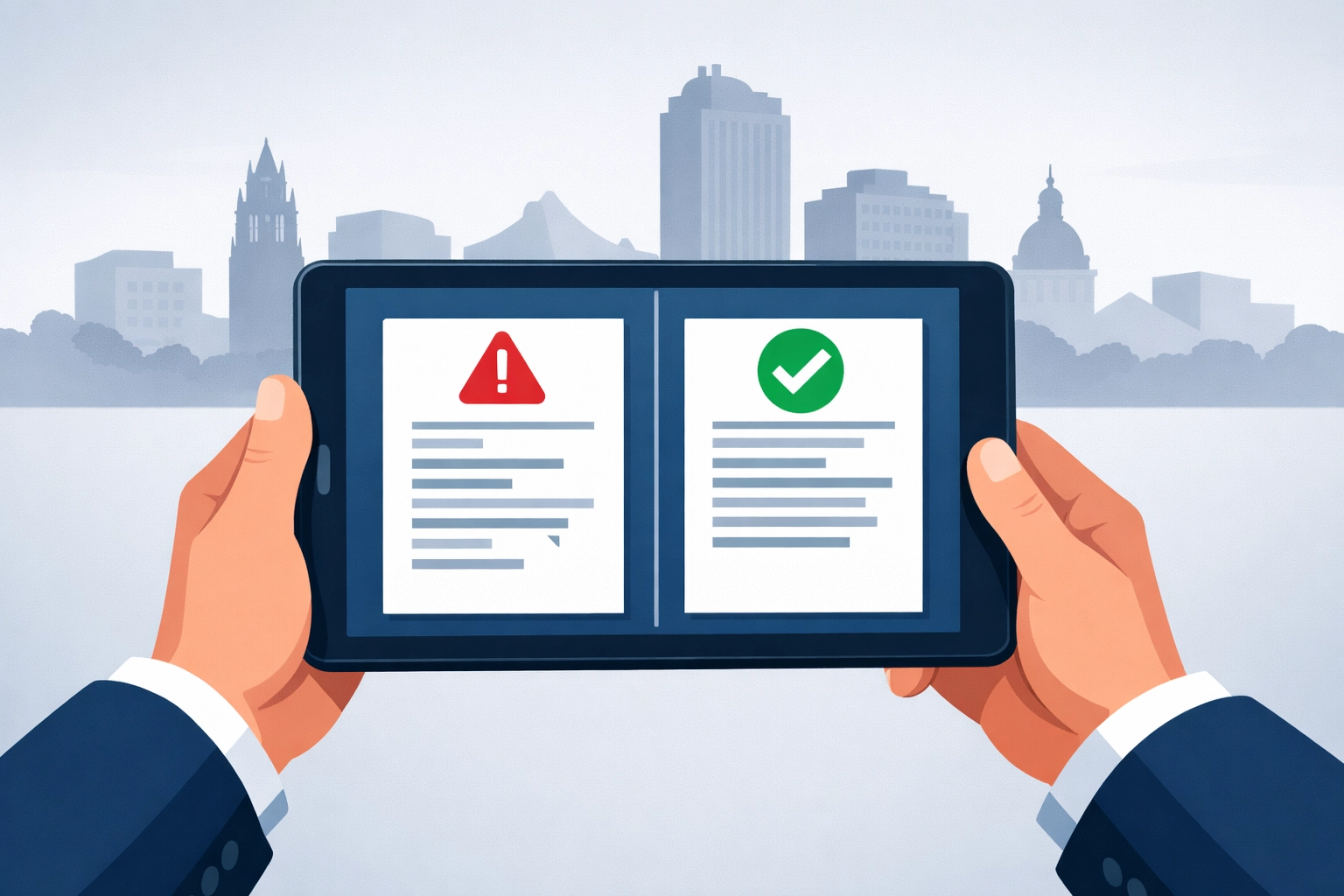 Tax pro using a tablet to verify Form 1099-K accuracy against the New Haven skyline.