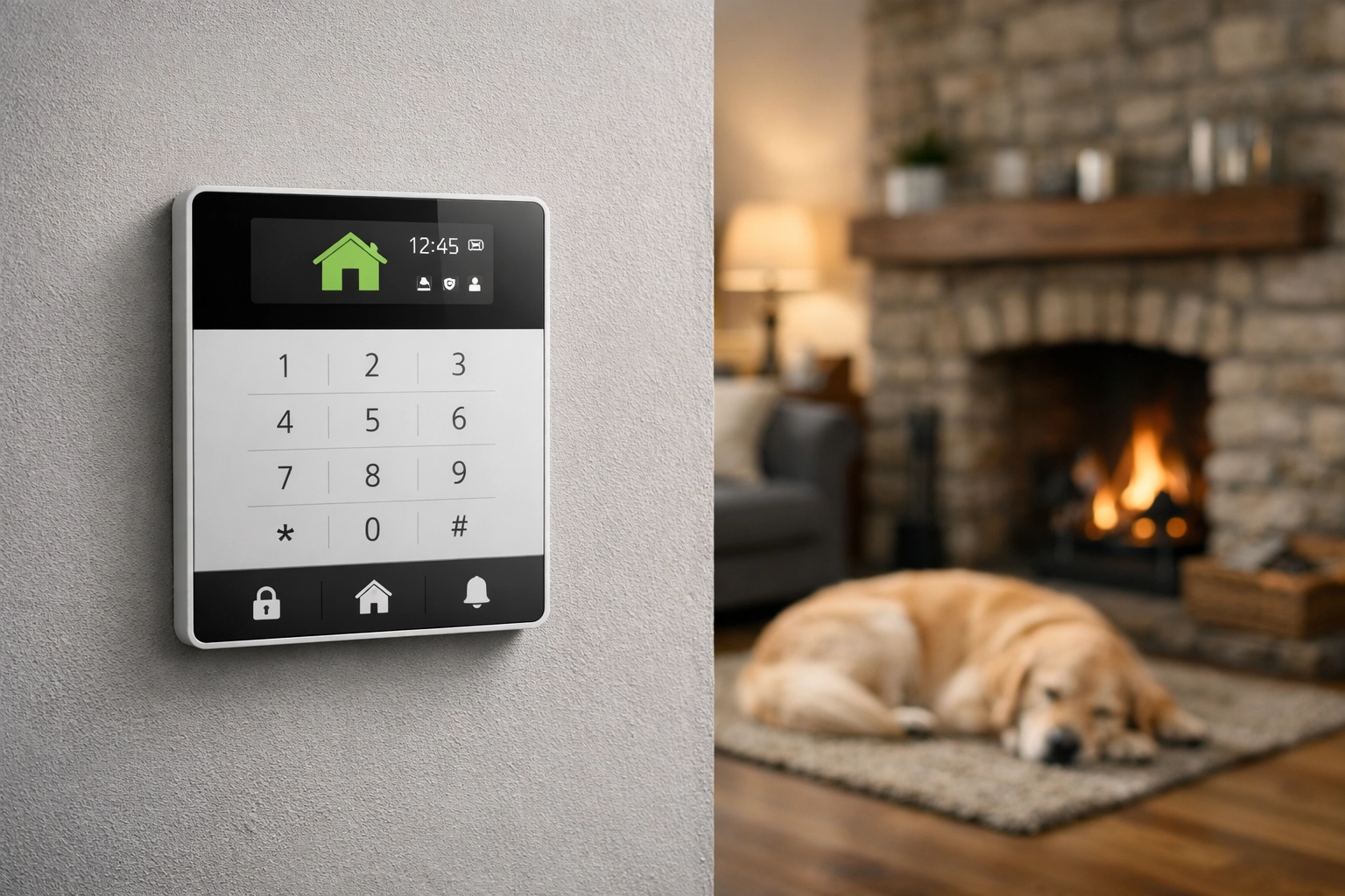 Bespoke burglar alarm installation in a Somerset home featuring pet-friendly sensors and a sleek keypad.