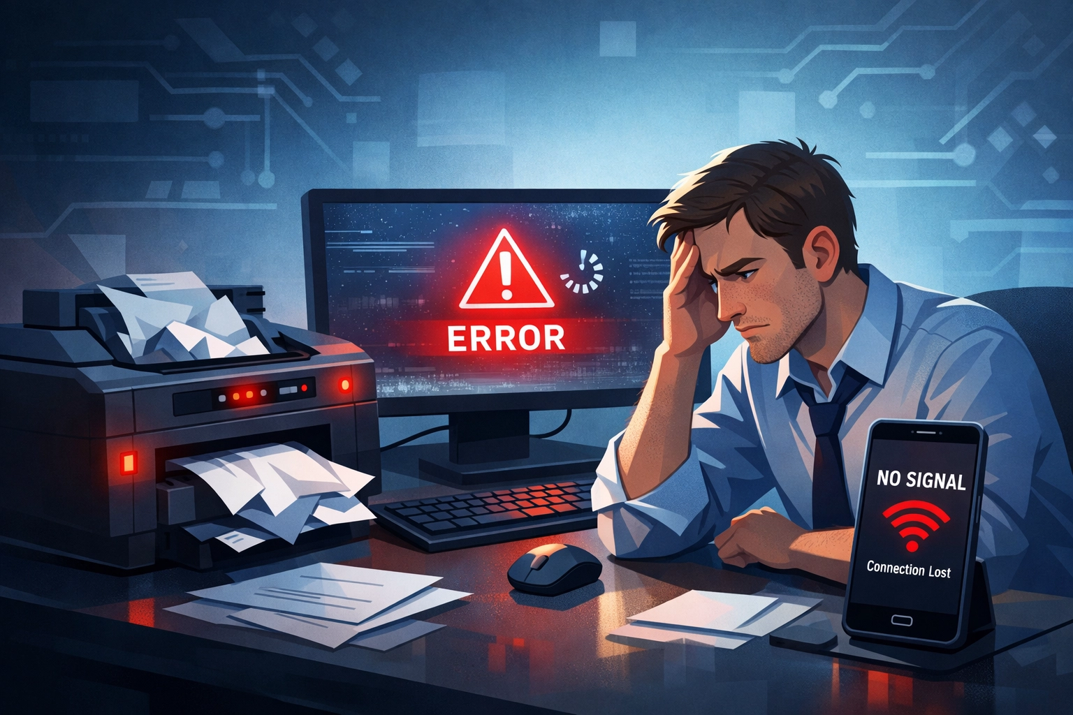 Office worker frustrated by daily IT issues disrupting business productivity