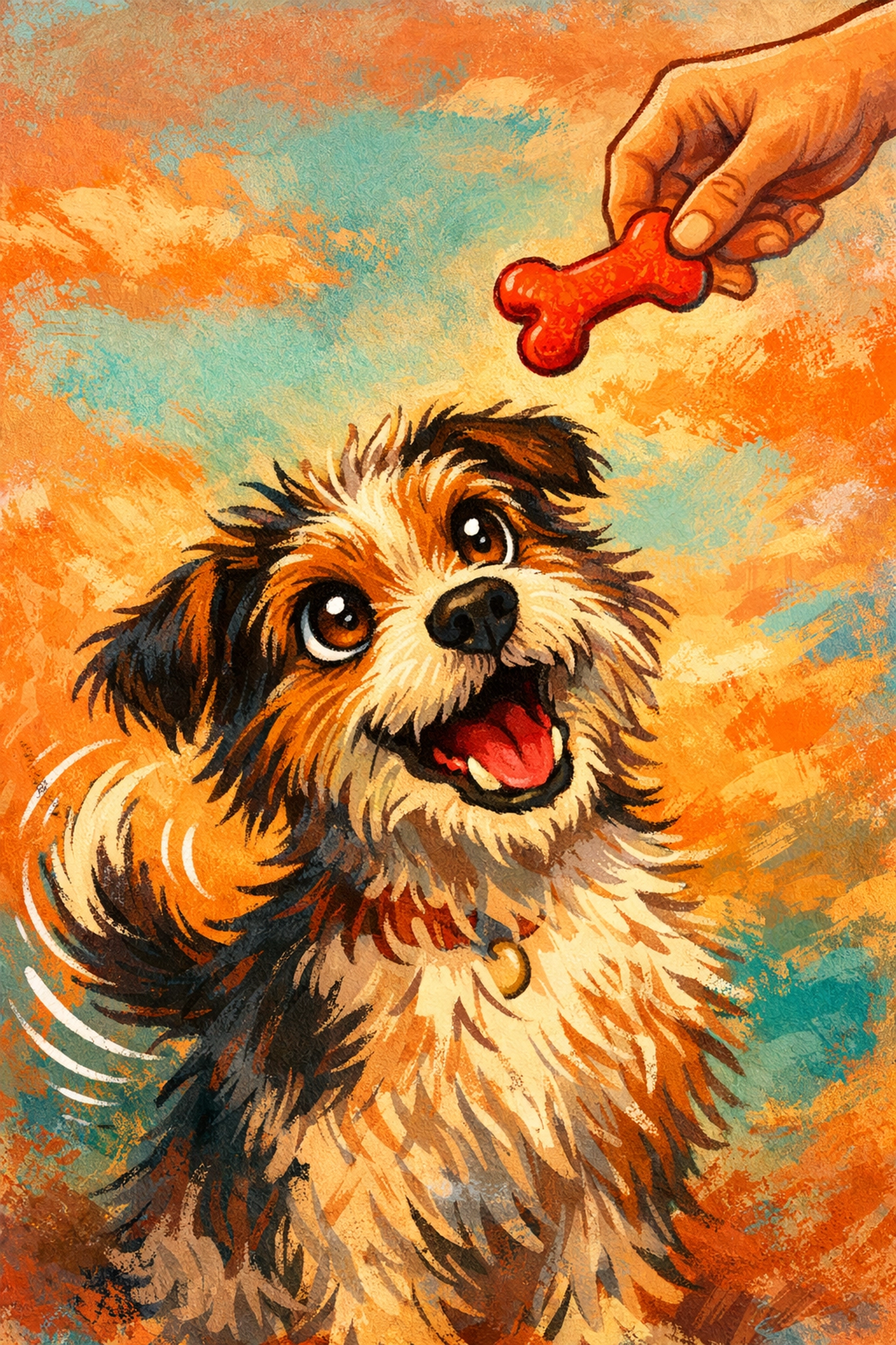 Happy scruffy dog receiving a treat from a potential owner during an adopt a dog meet-and-greet.