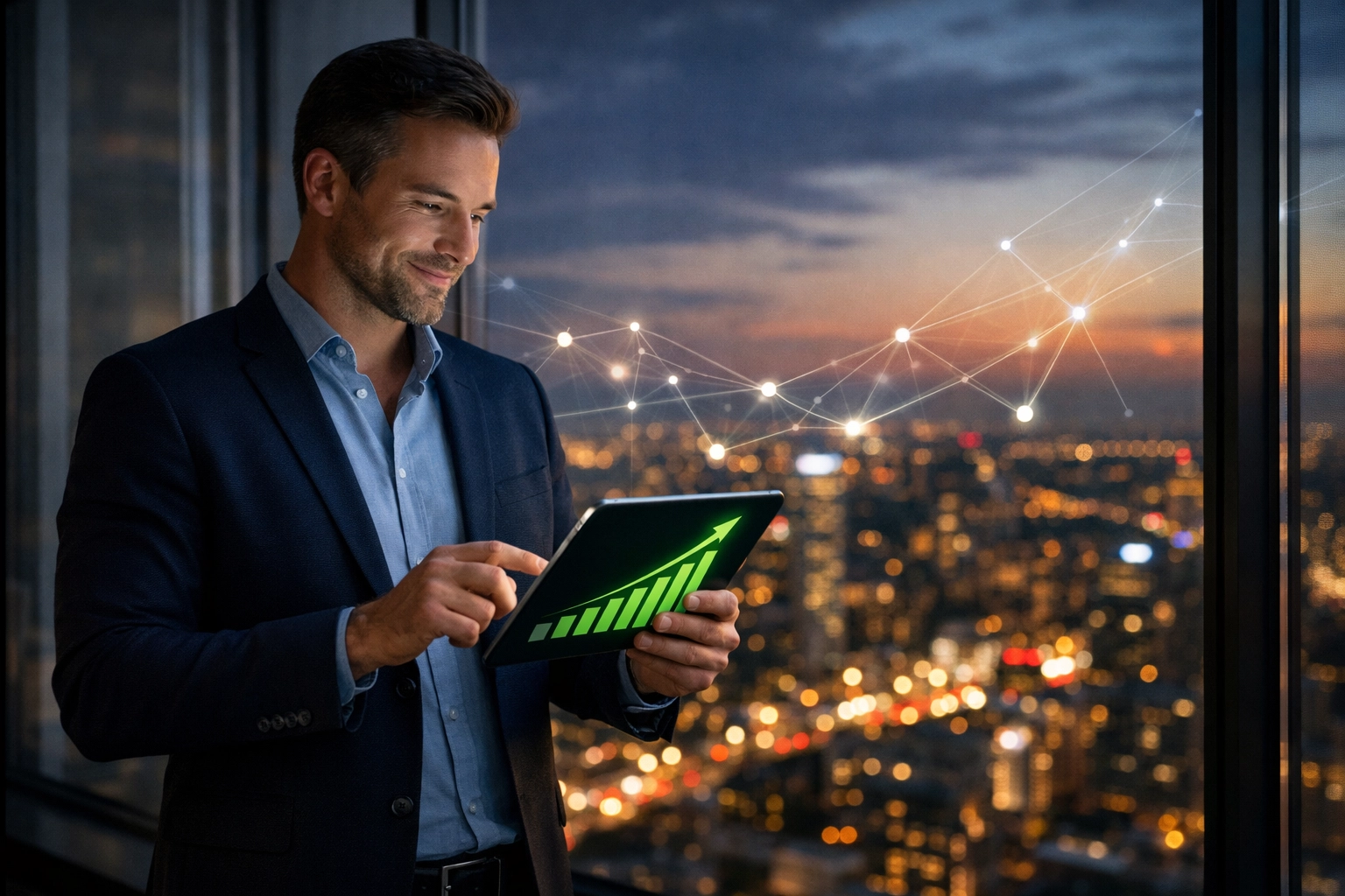 Confident SaaS founder tracking global growth and revenue trends from a professional high-rise office.