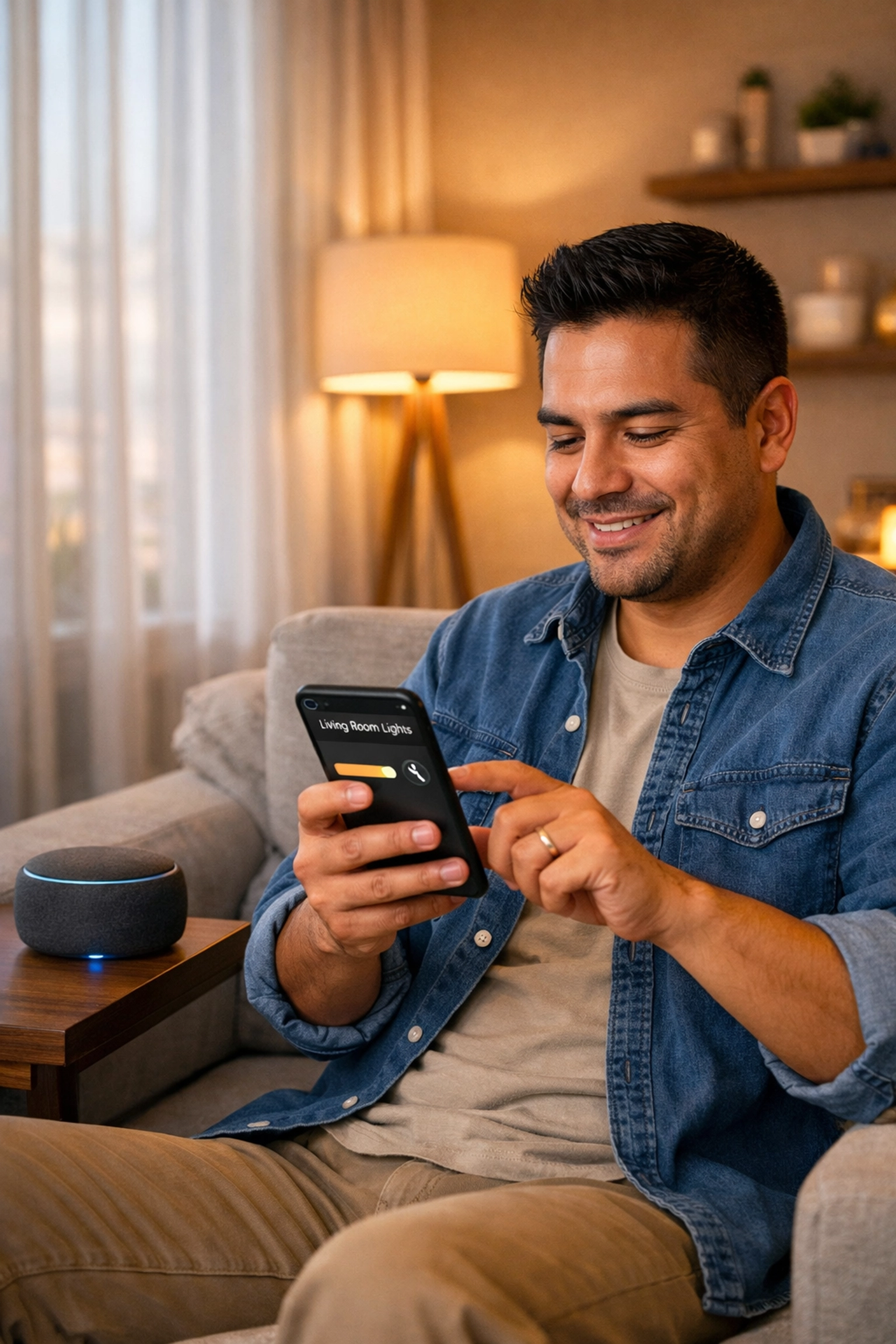 Homeowner using smartphone to control smart dimmer switches in modern living room