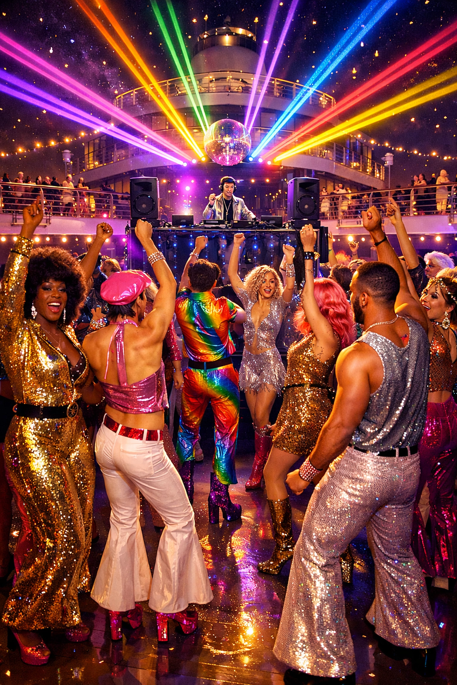 Queer travelers in disco fashion celebrating at cruise ship dance party