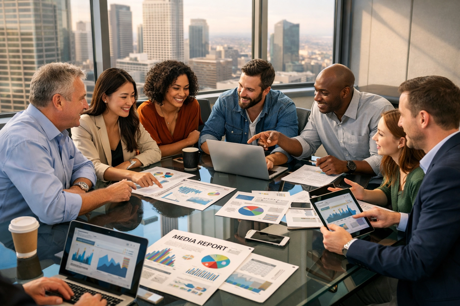 Sports marketing professionals collaborating on automated press workflow and distribution strategy in modern office