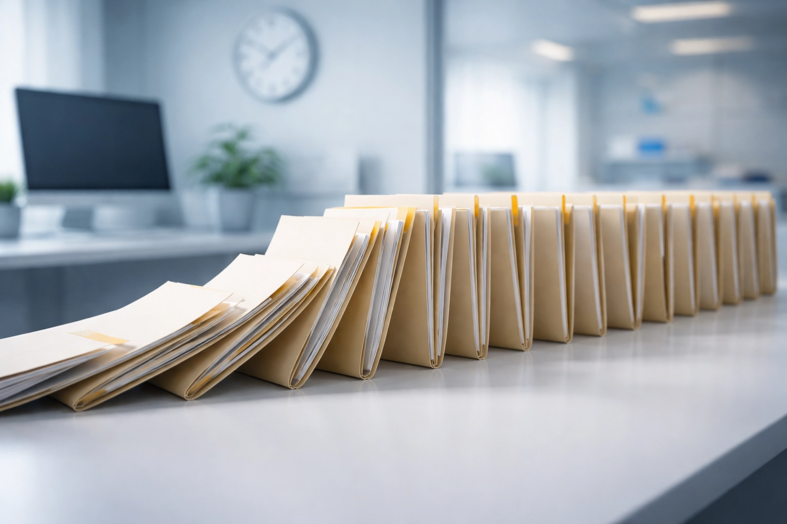 Row of medical folders toppling like dominoes, symbolizing documentation delays and audit risks