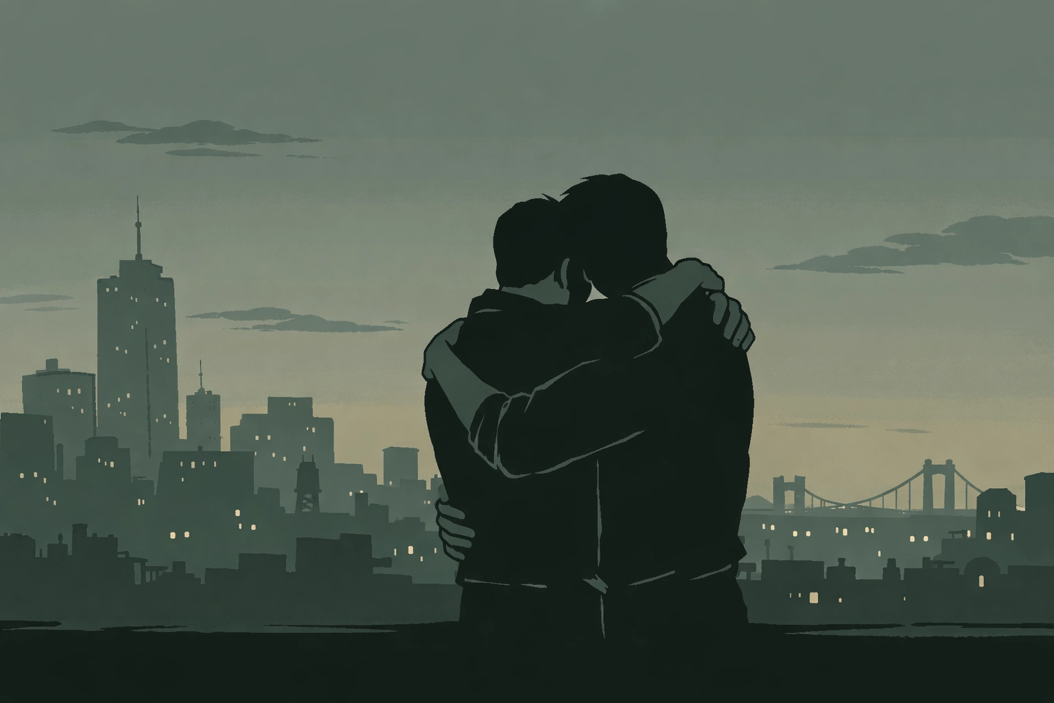 Two men embracing against New York skyline symbolizing love and loss during AIDS crisis era