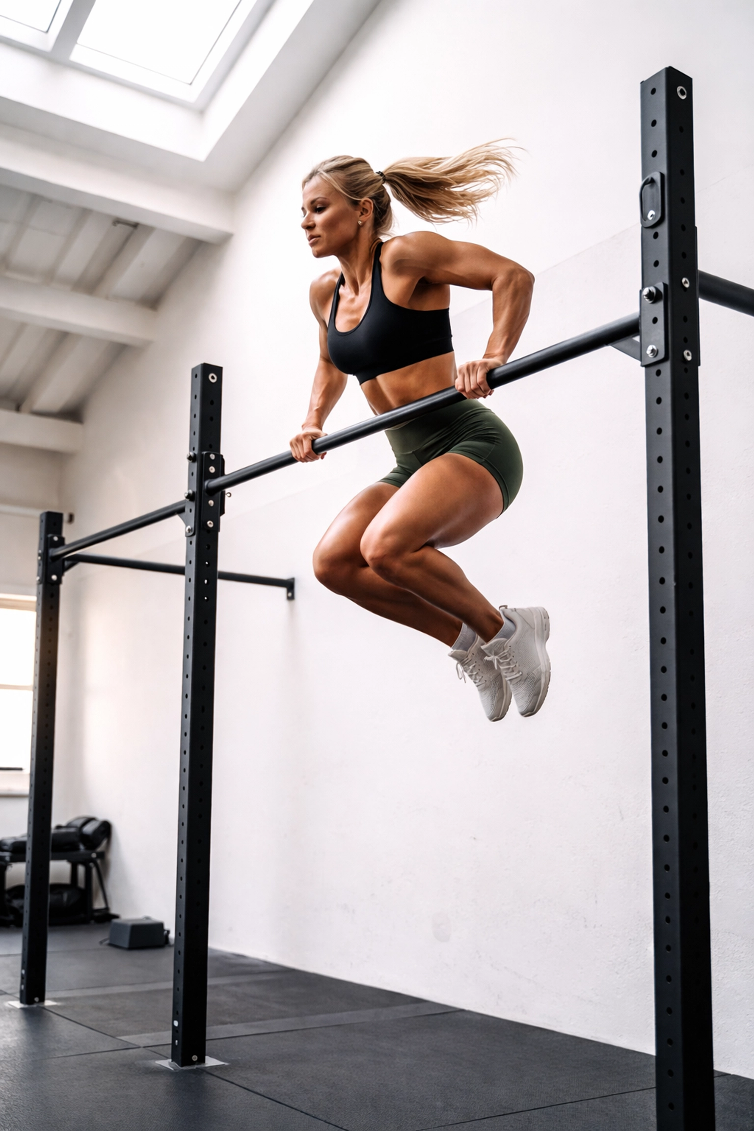 Athlete performing muscle-up on floor-to-ceiling pull up system in bright home gym