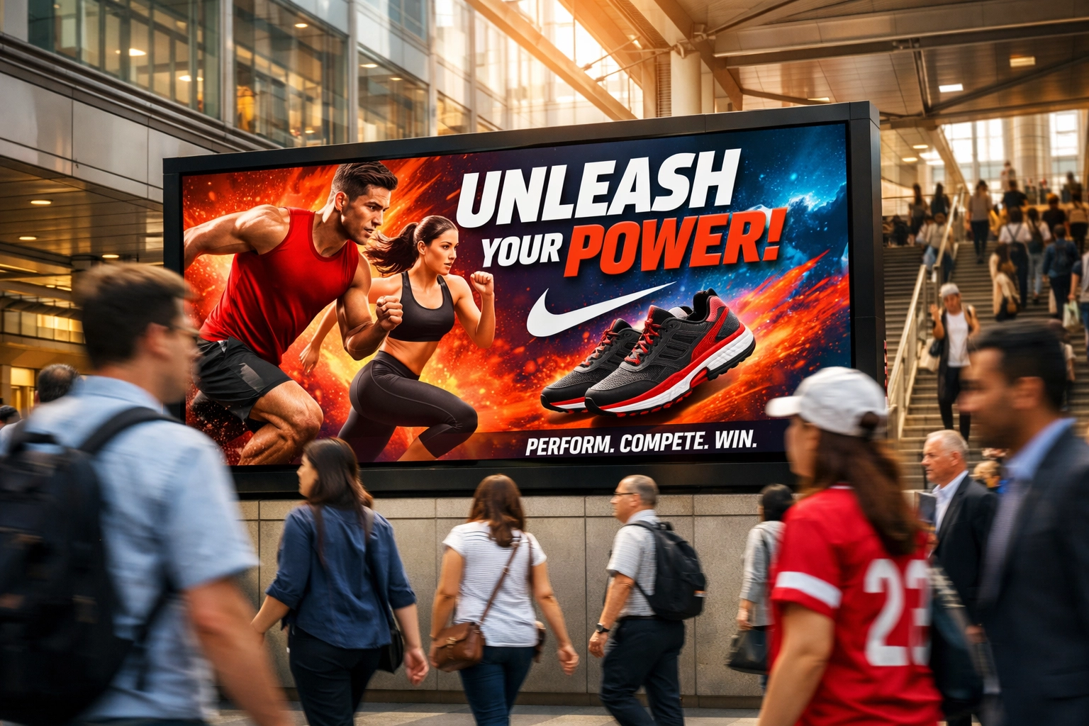Digital billboard displaying sports advertising at busy urban transit station