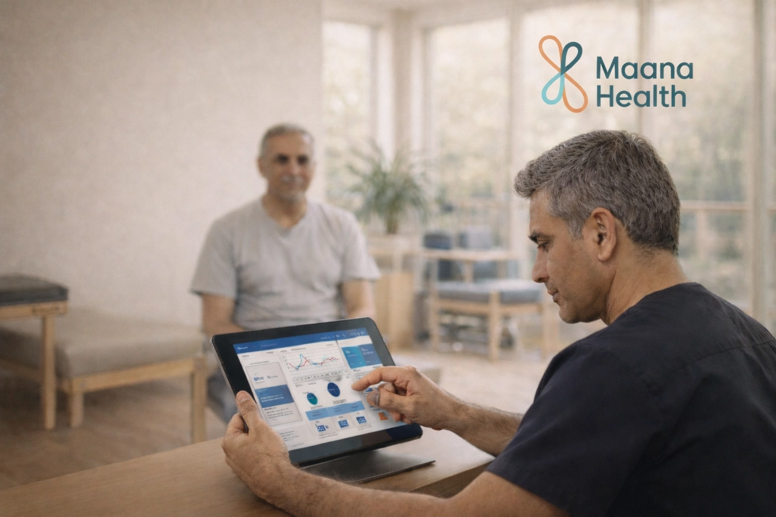 A Maana Health doctor operates an advanced diagnostic device, reviewing patient data