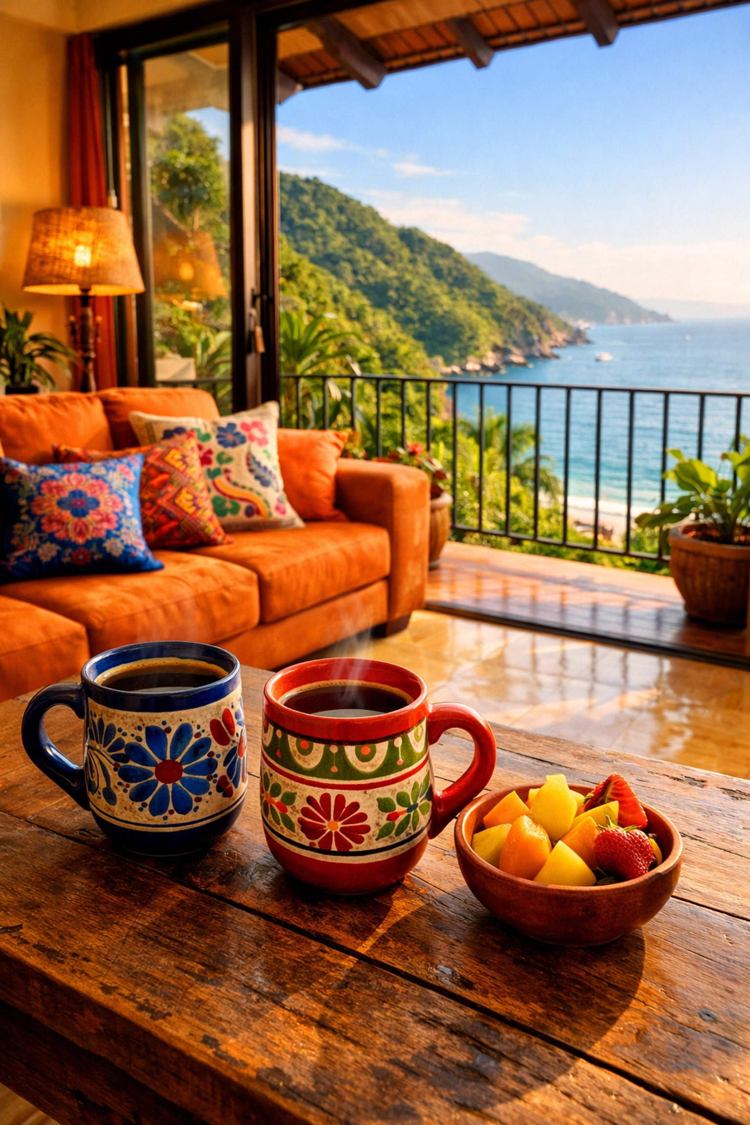 Romantic interior of an Amapas condo for rent in Puerto Vallarta featuring sunset views and coastal decor.