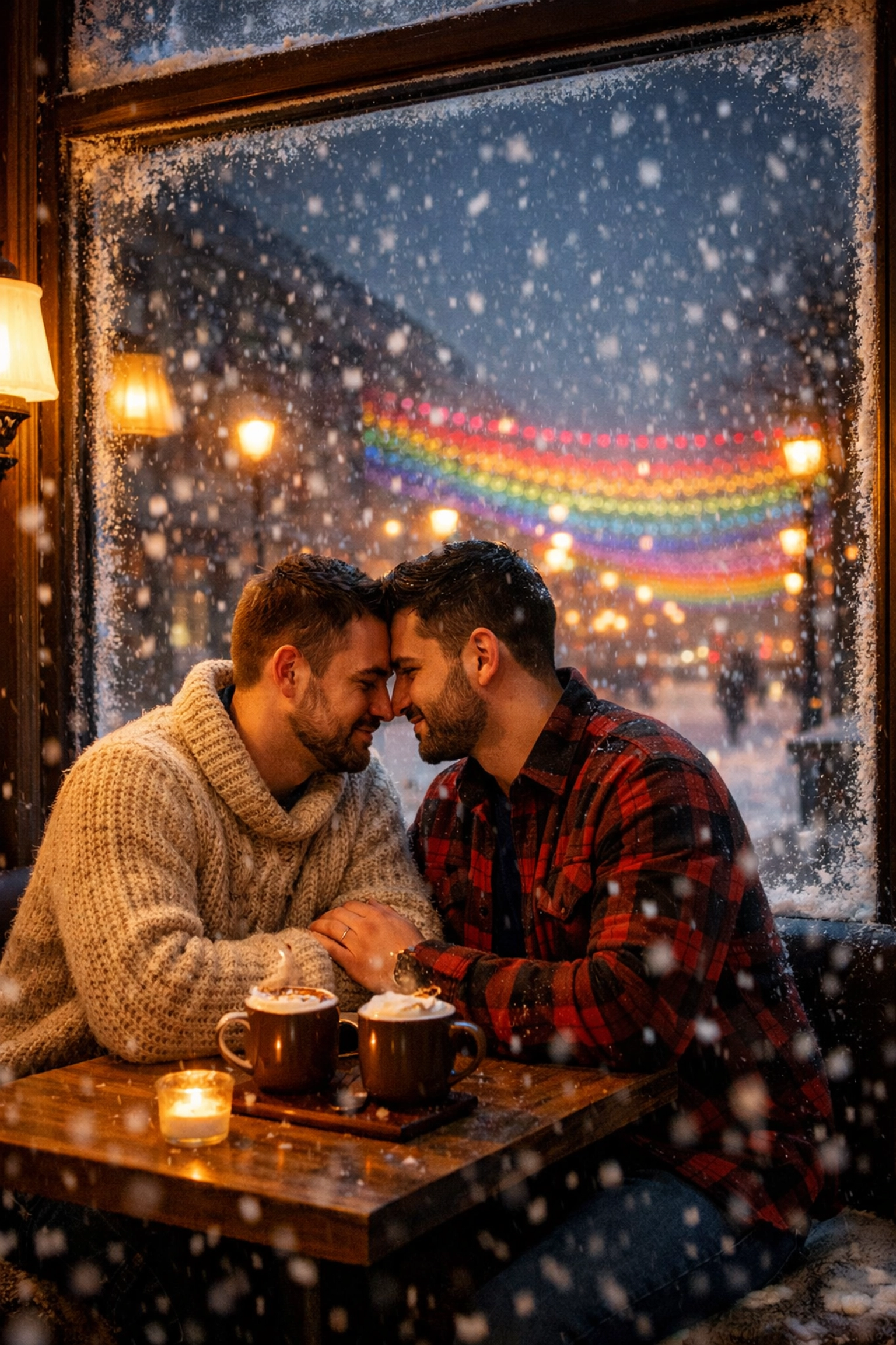 Gay couple enjoying hot drinks at cozy Montreal Gay Village cafe during winter snowfall